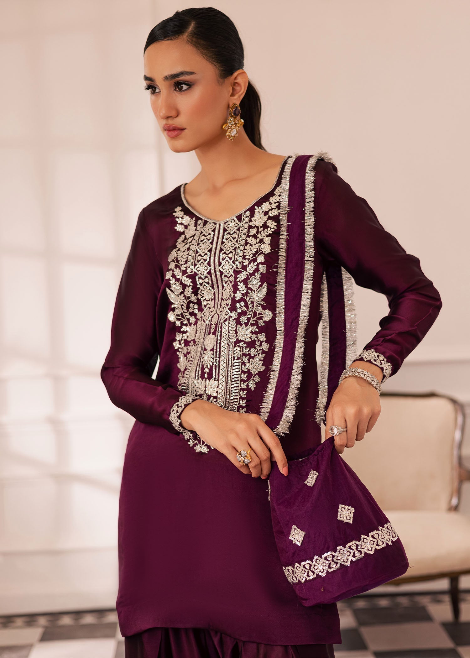 thai silk Kurta Set in Deep purple