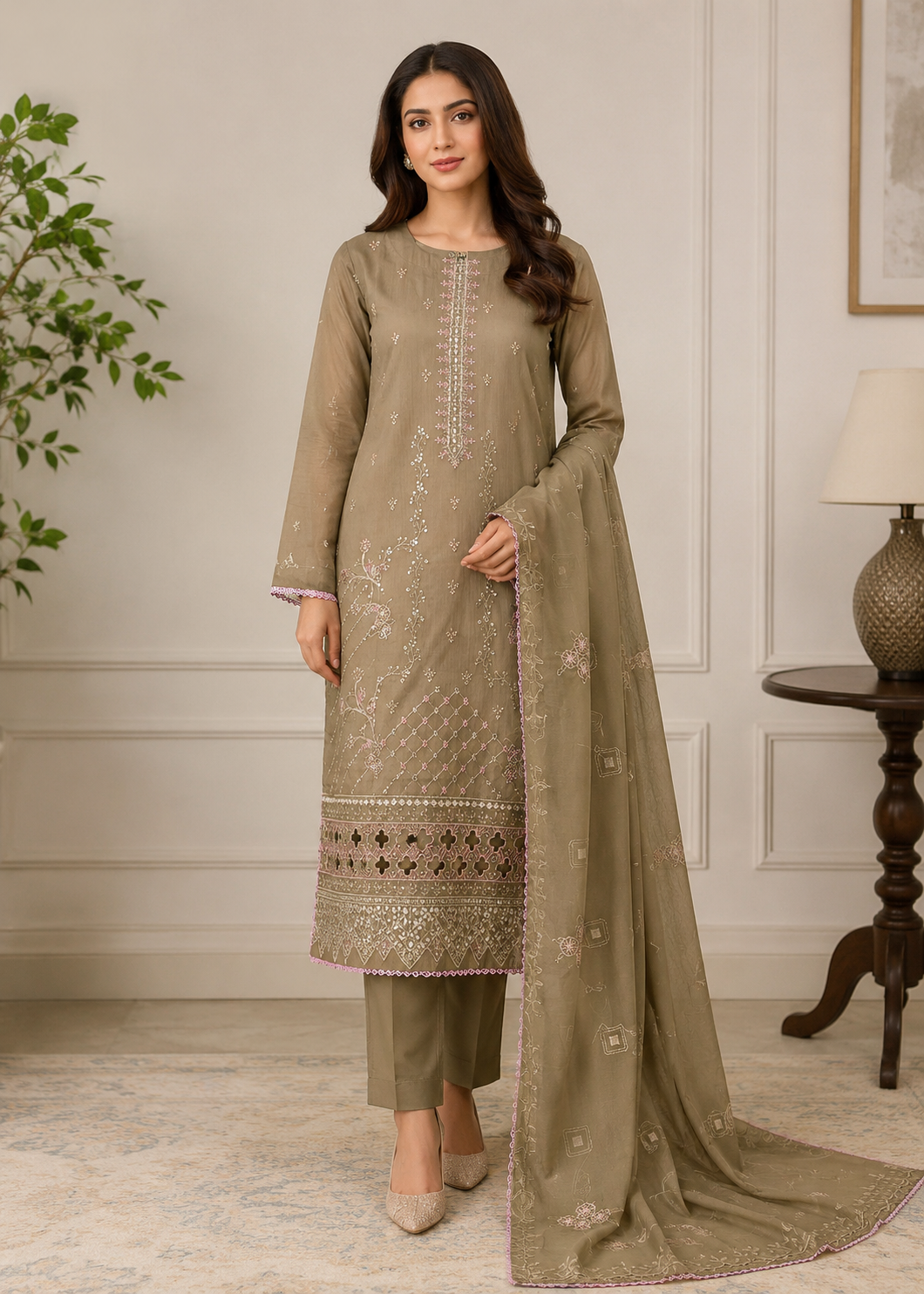 cotton Kurta Set in Caramel brown