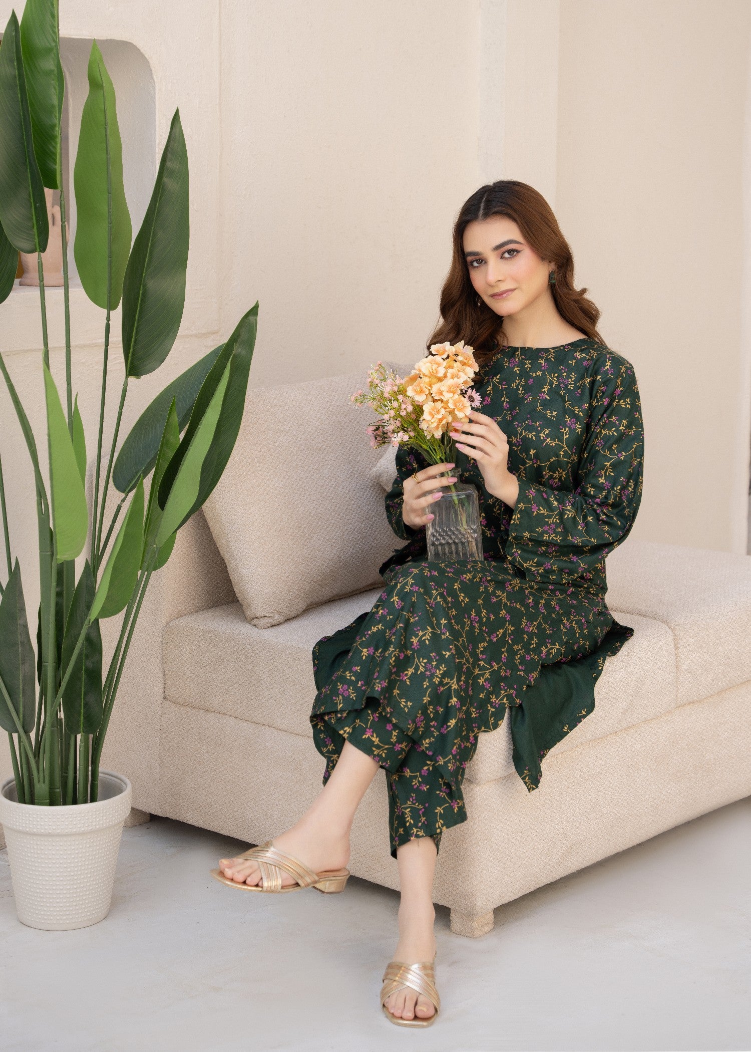 linen Kurta Set in Bottle green
