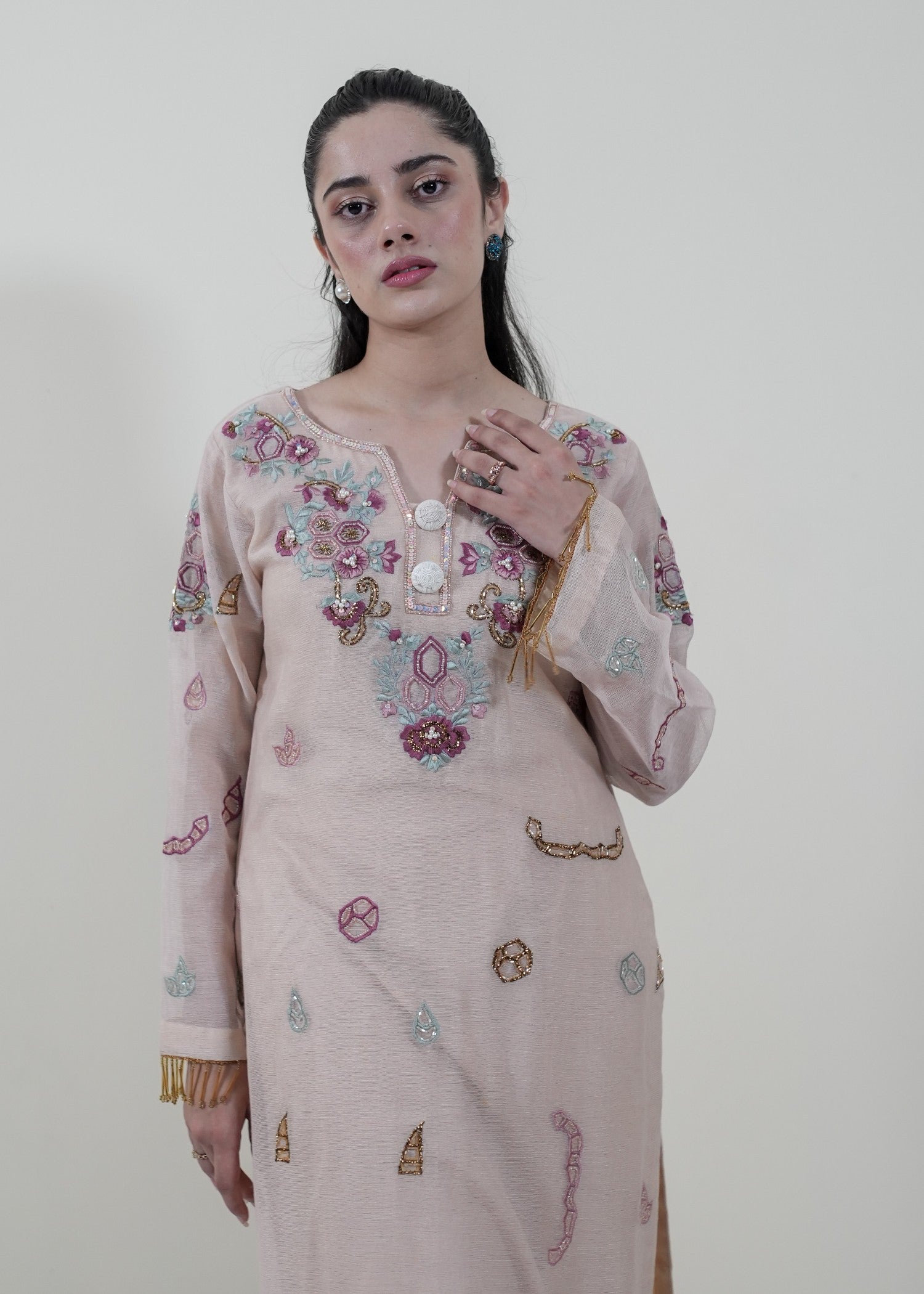 cotton net Kurta Set in Beige