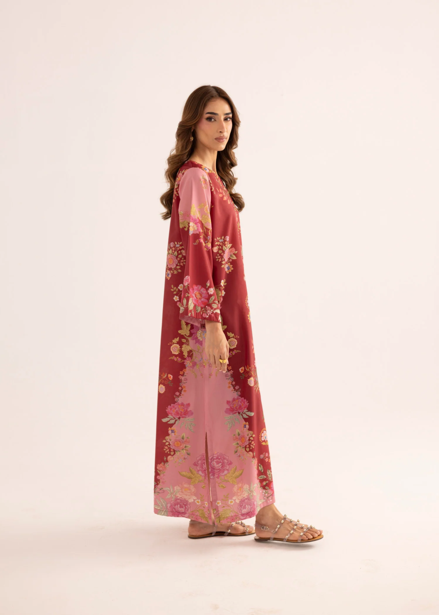 silk finish lawn Kaftan in Blood red