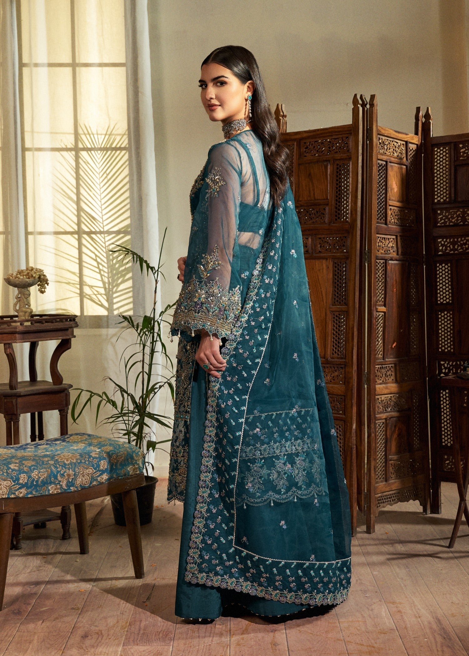 organza Unstitched in Teal