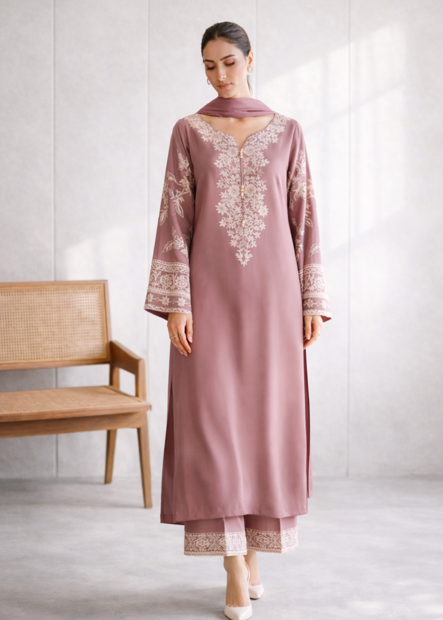 lawn cotton Kurta Set in Mauve pink