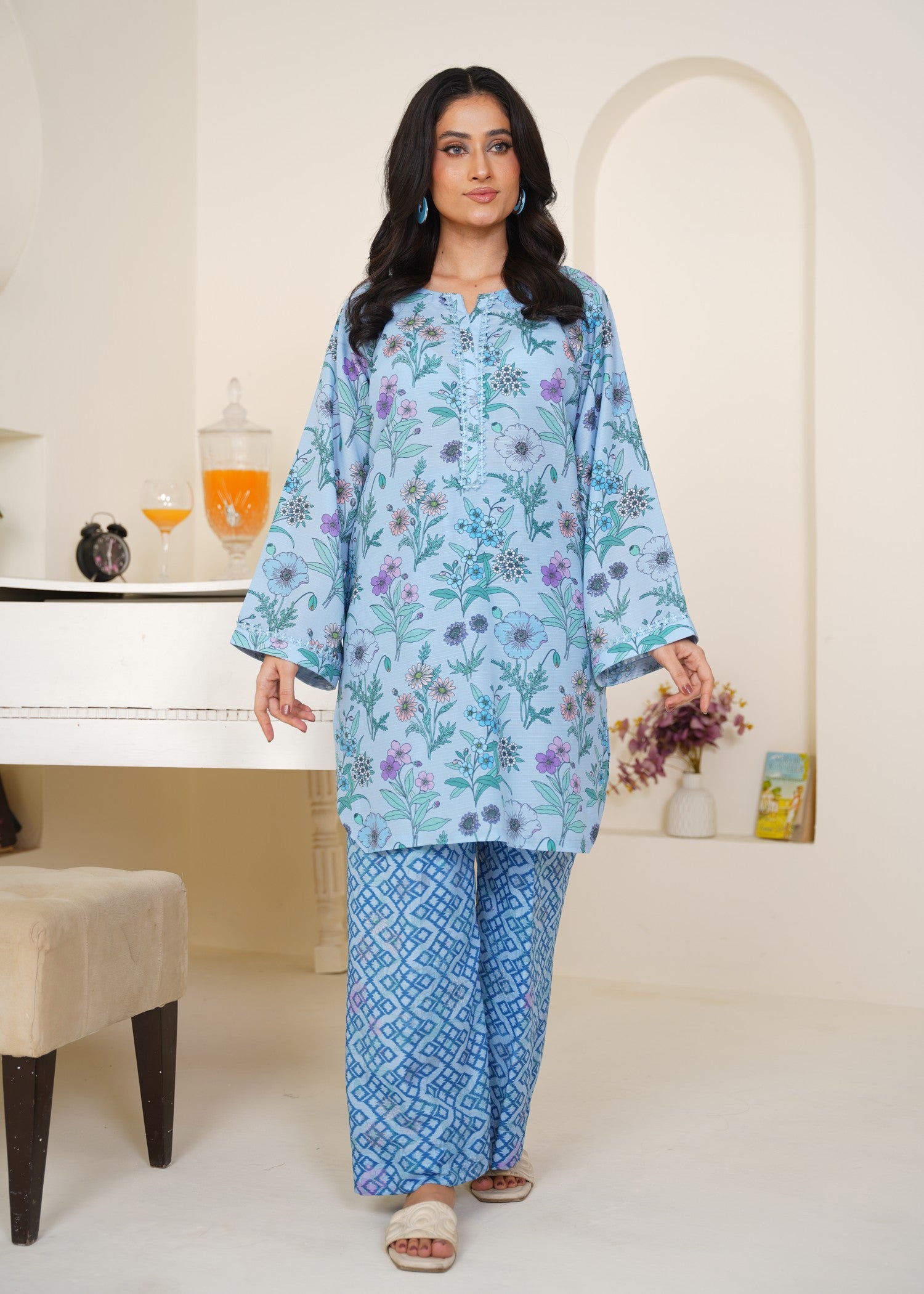 slub cambric Kurta Set in Sky blue