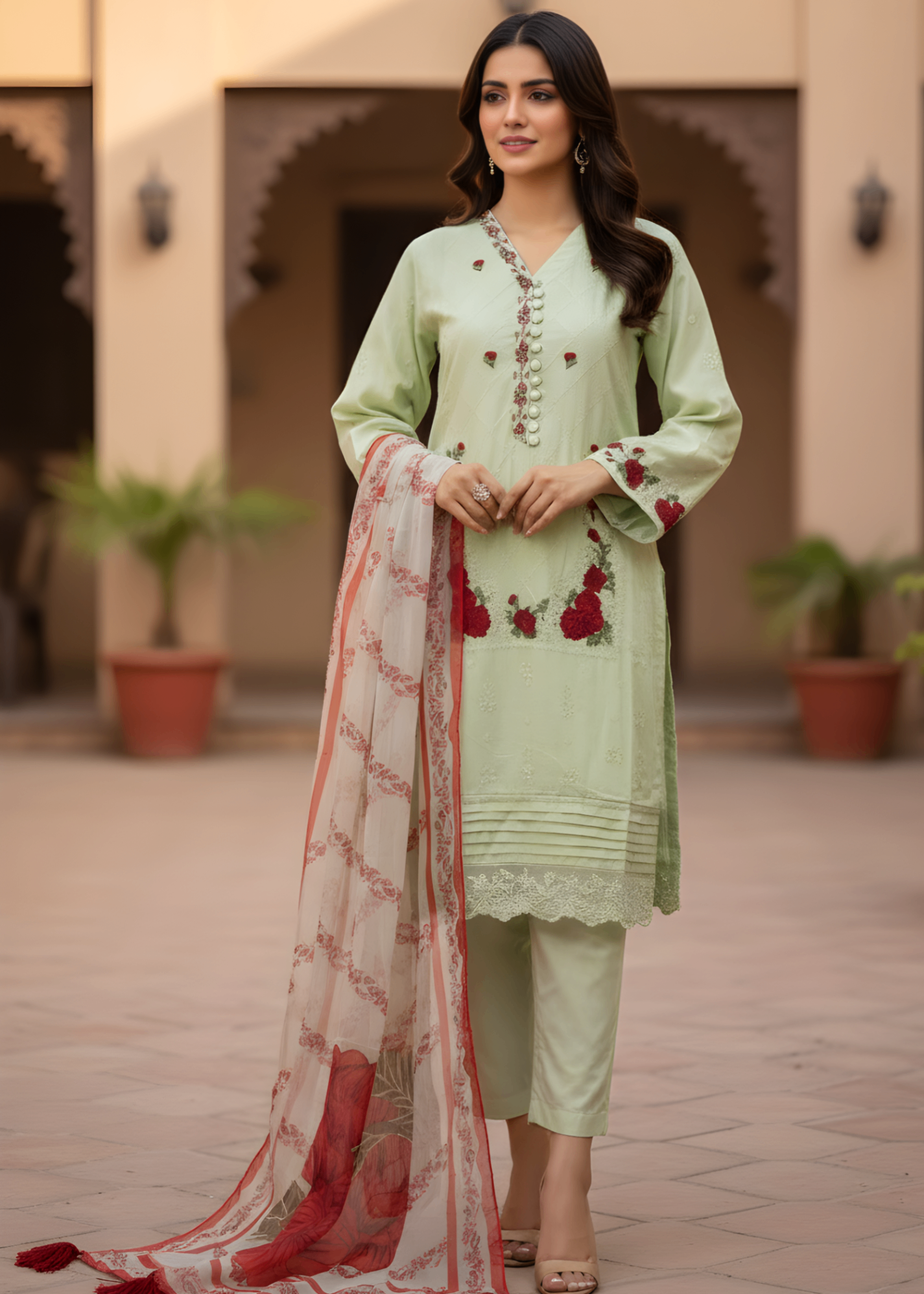 chiffon Kurta Set in Mint green