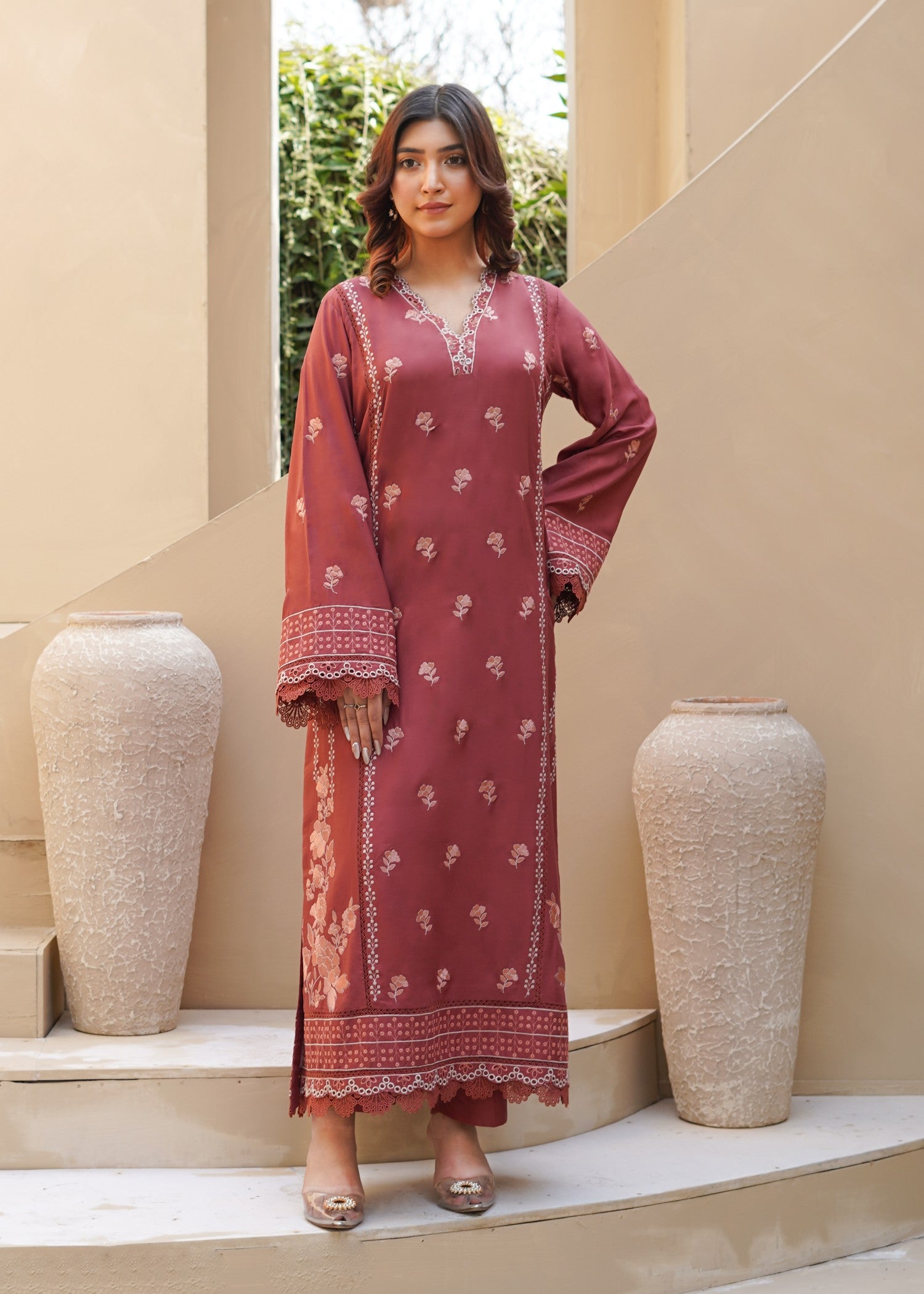arabic lawn Kurta Set in Coral pink