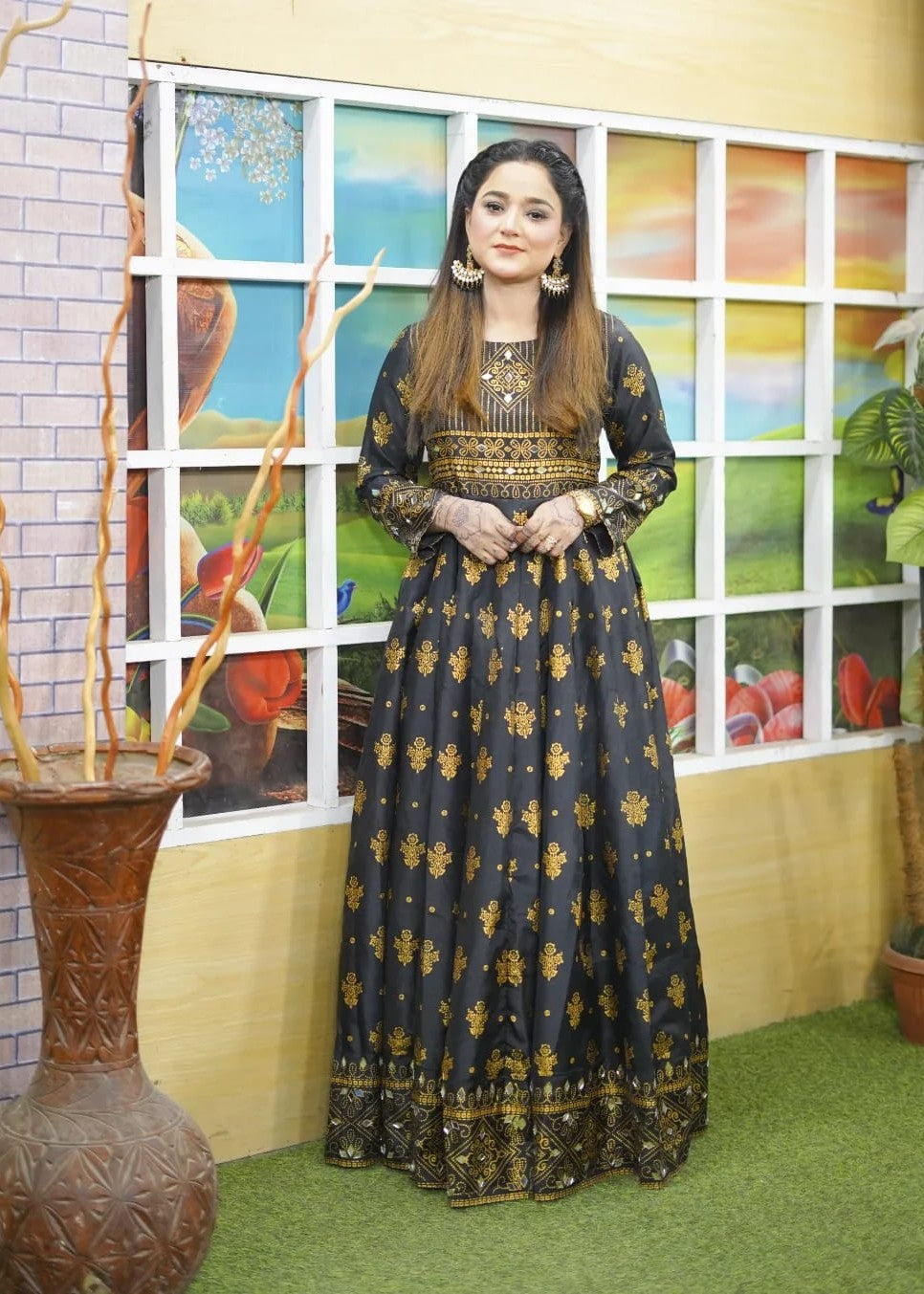 satin silk Anarkali in Black