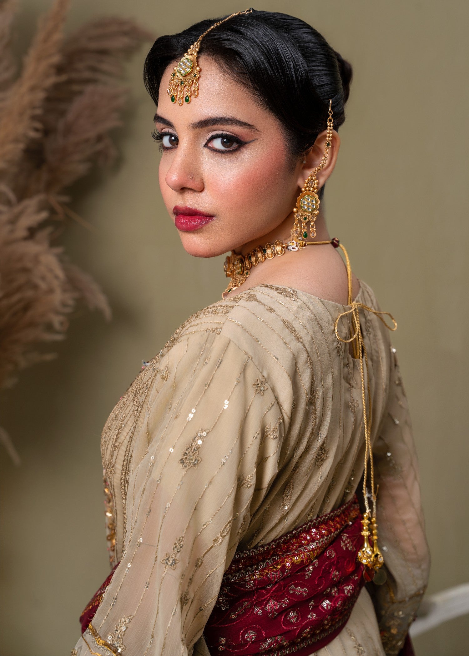 chiffon Kurta Set in Maroon, beige