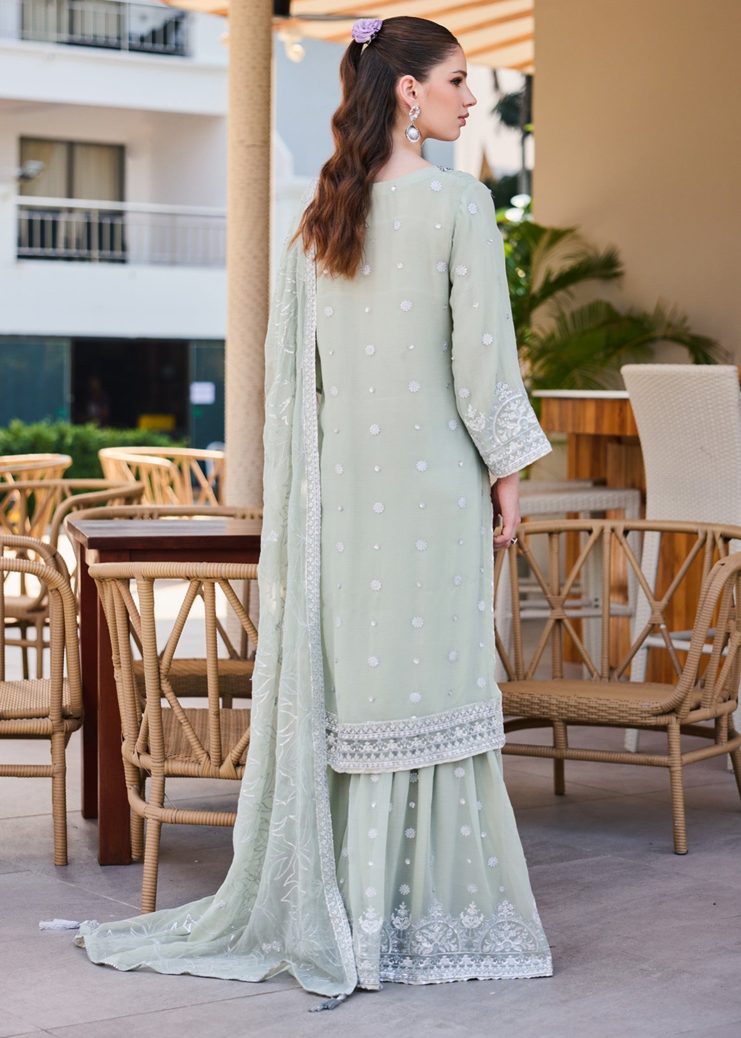 chiffon Gharara in Moss green