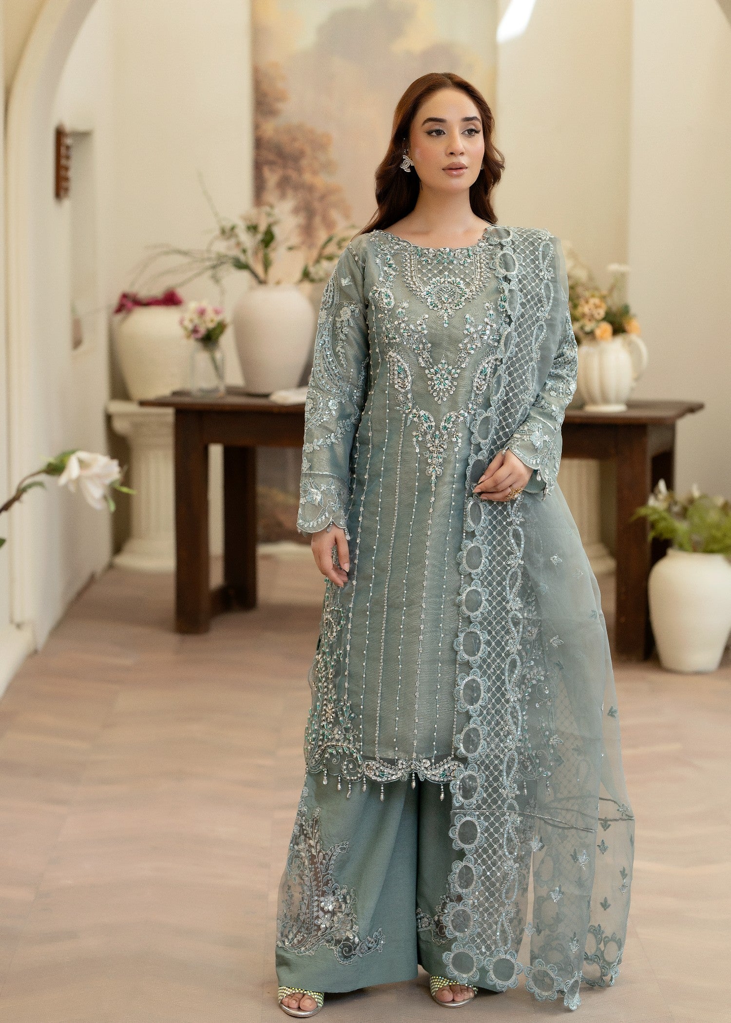 organza Kurta Set in Eucalyptus green