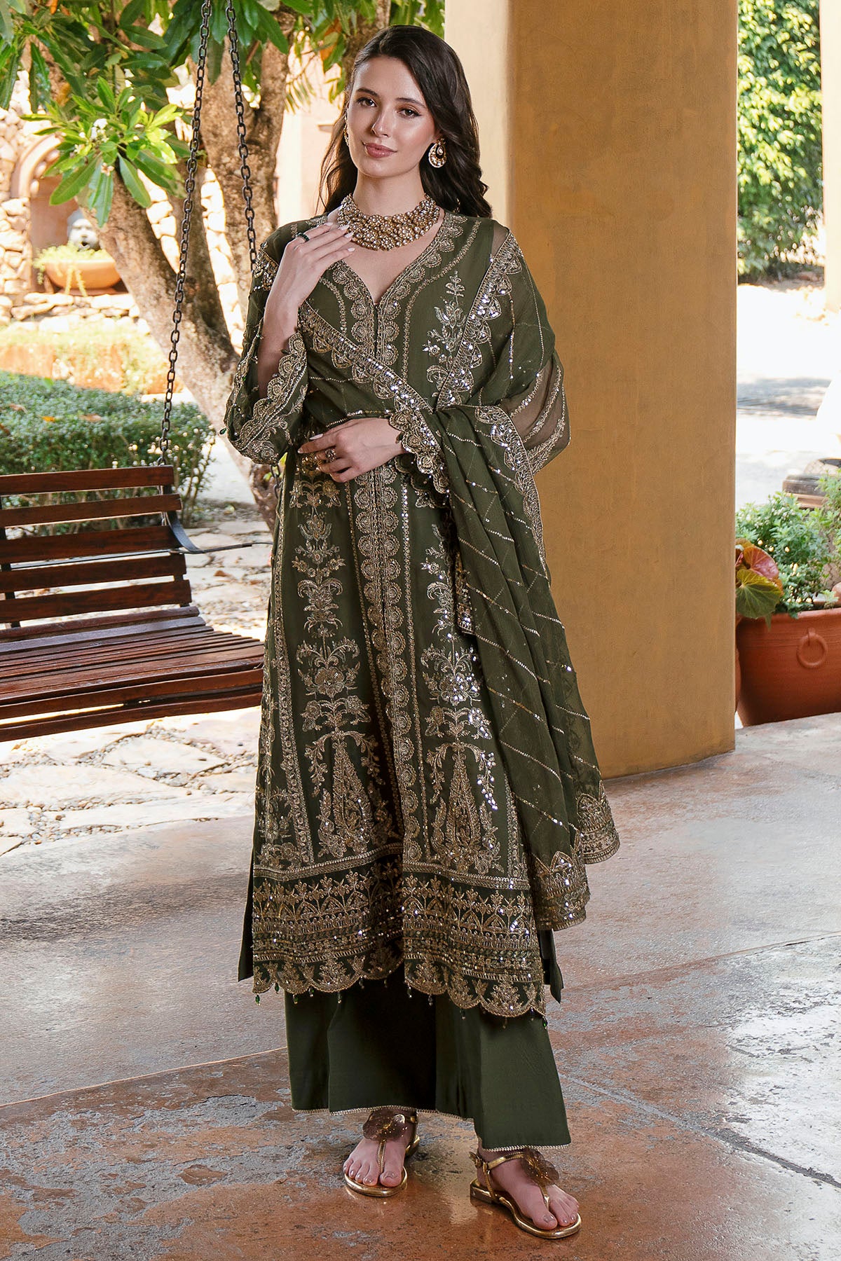 crinkle chiffon Kurta Set in Olive green