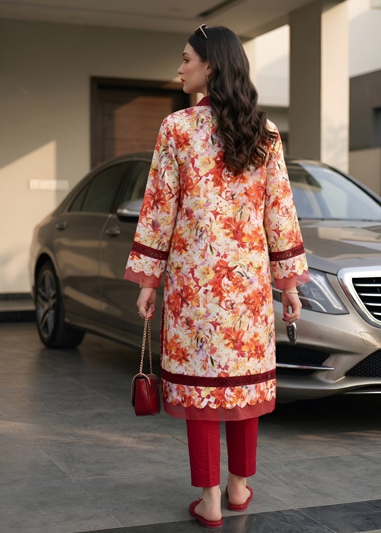 lawn Kurta Set in Maroon, coral orange, coral red