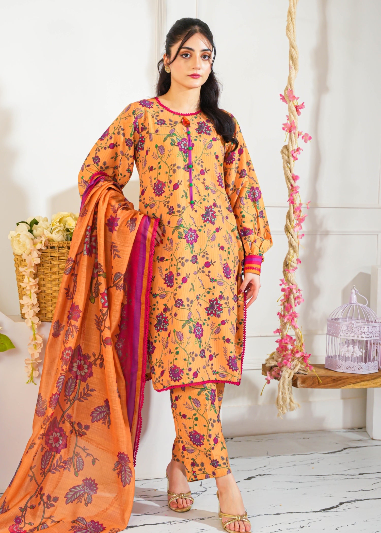 slub lawn Kurta Set in Mustard