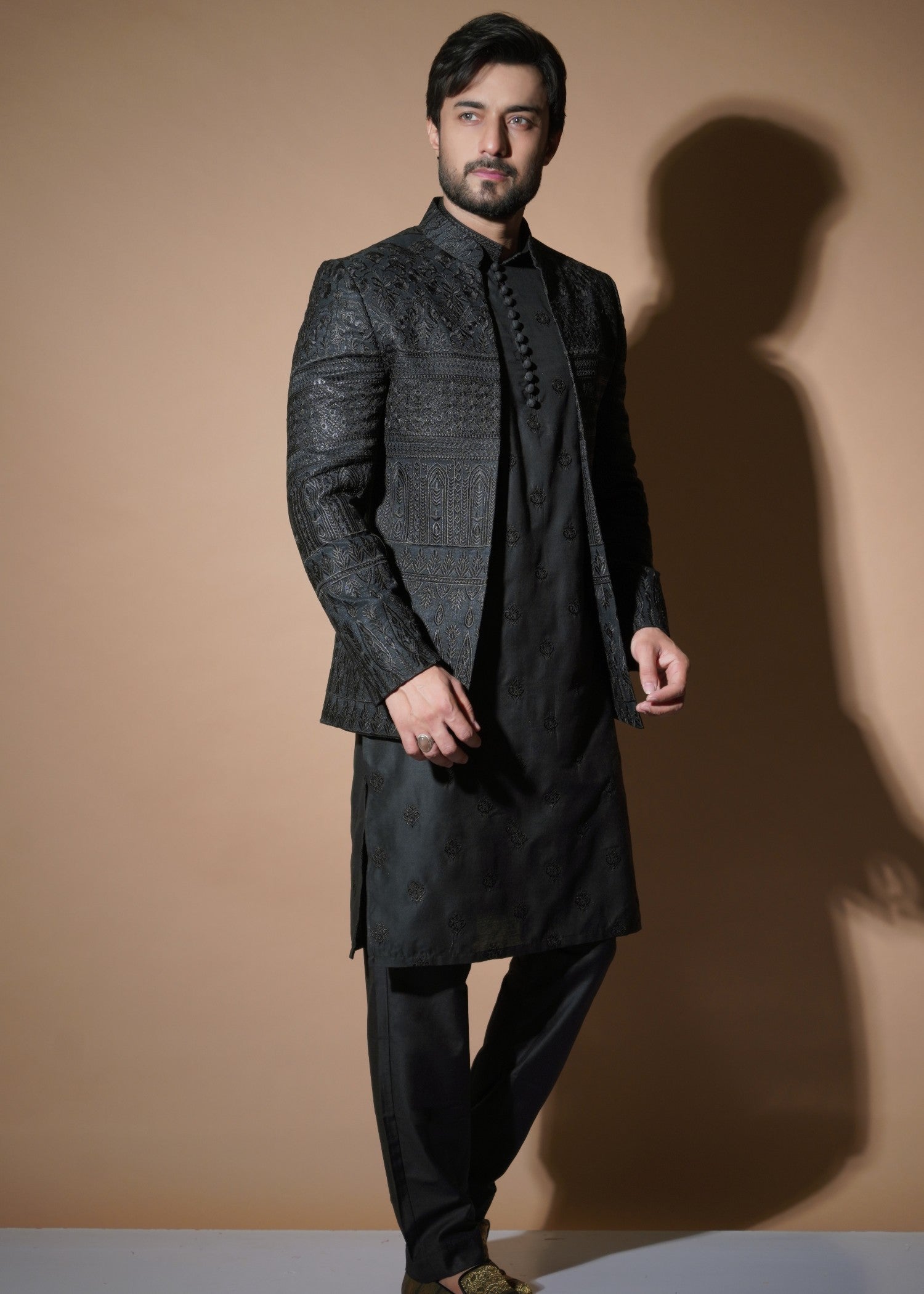 viscose raw silk Prince Coat in Black