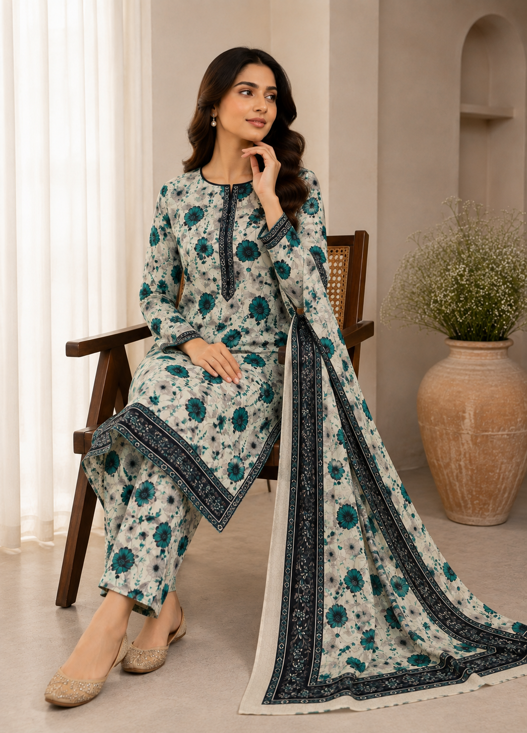 cotton Unstitched in Beige, pine green