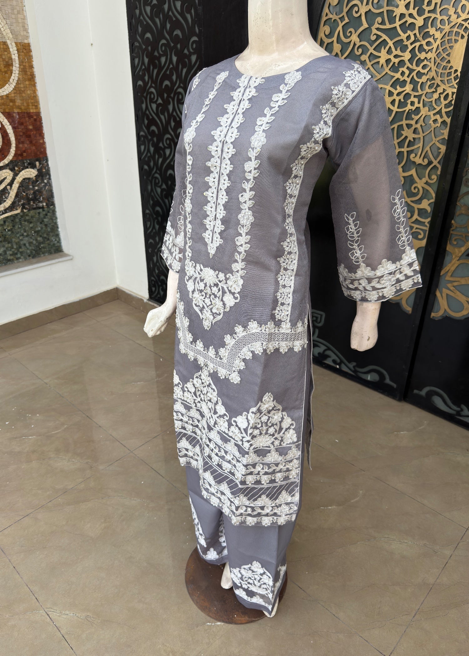 khaddi net Kurta Set in Silver