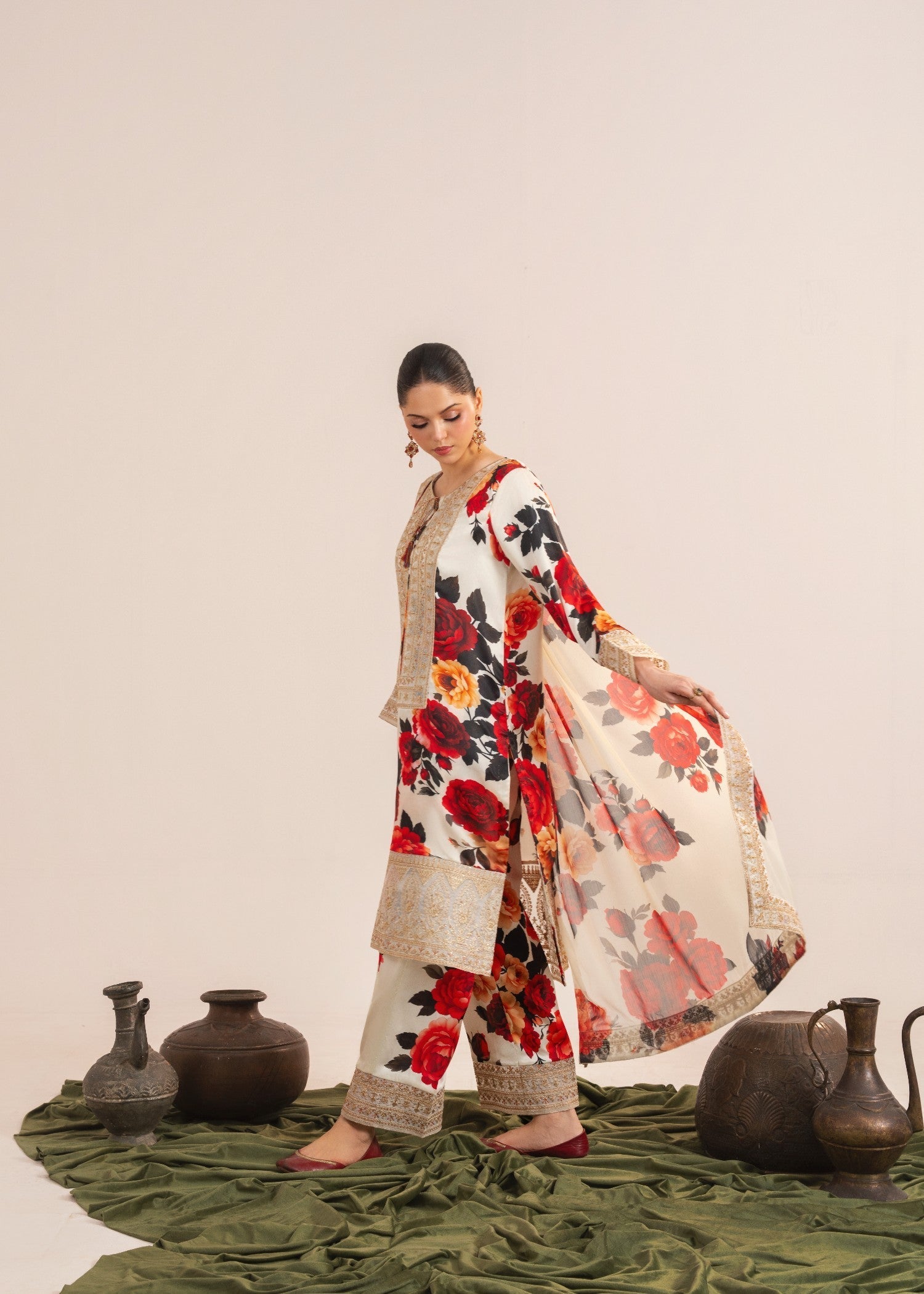 silk charmeuse Kurta Set in White, gold, rose red