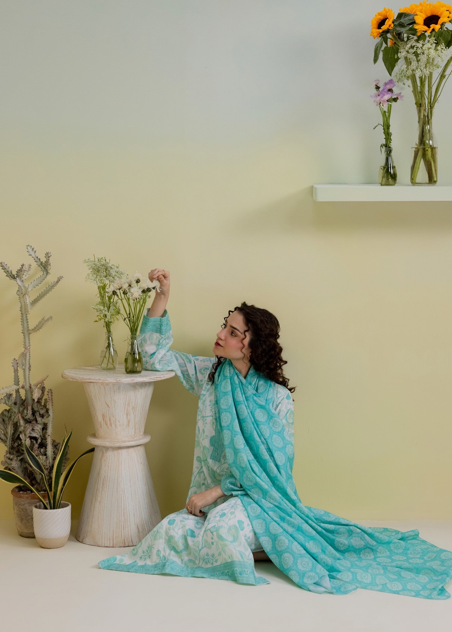 slub lawn Kurta Set in Sky blue, white