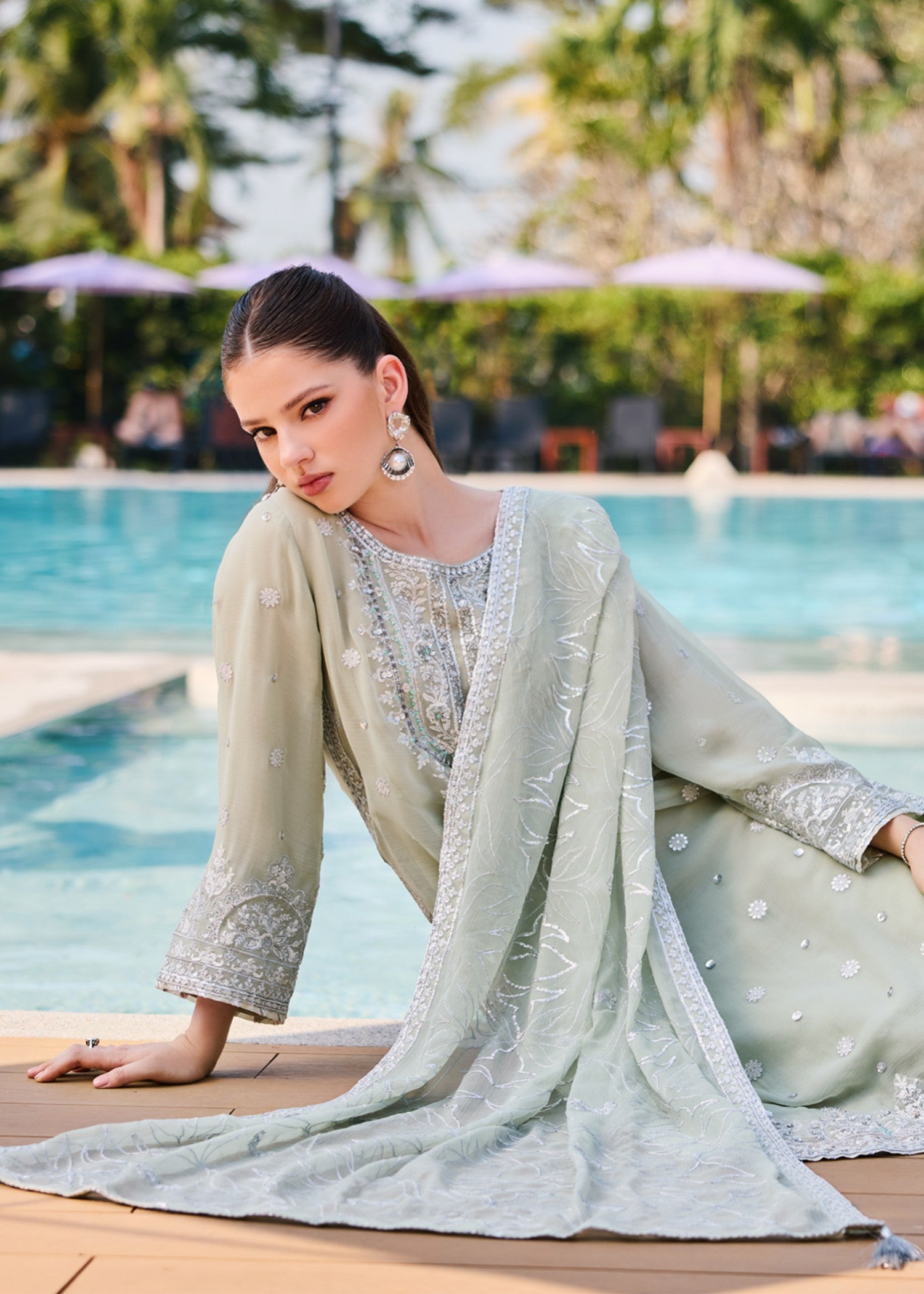 chiffon Gharara in Moss green