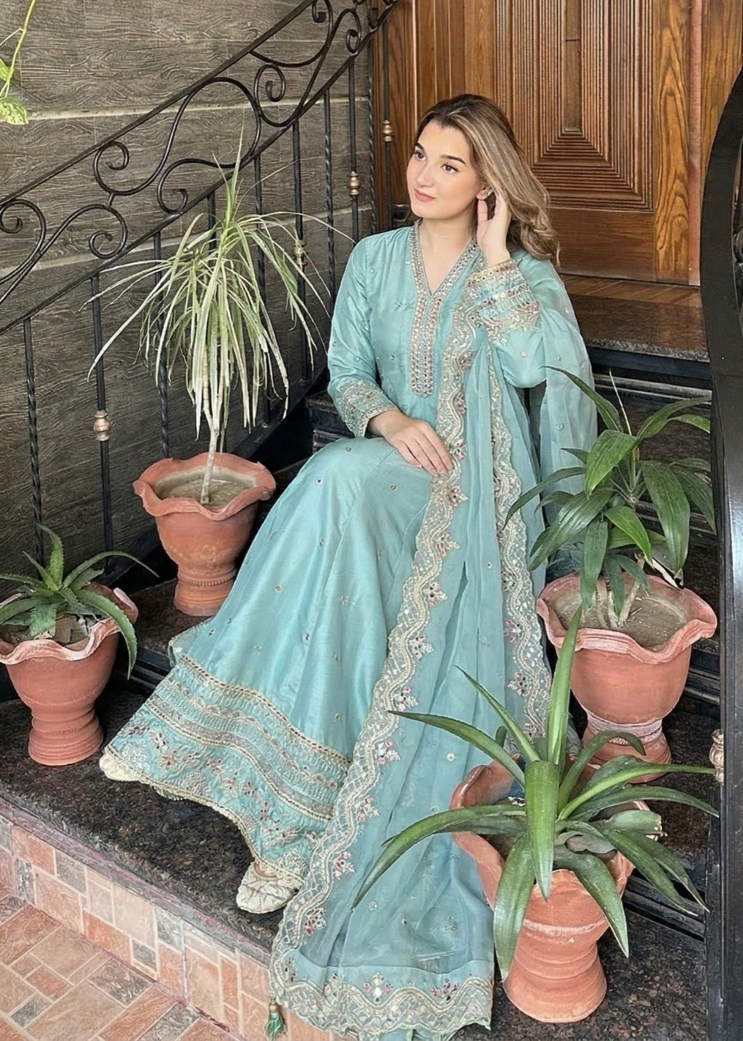 silk Pishwas in Pastel green