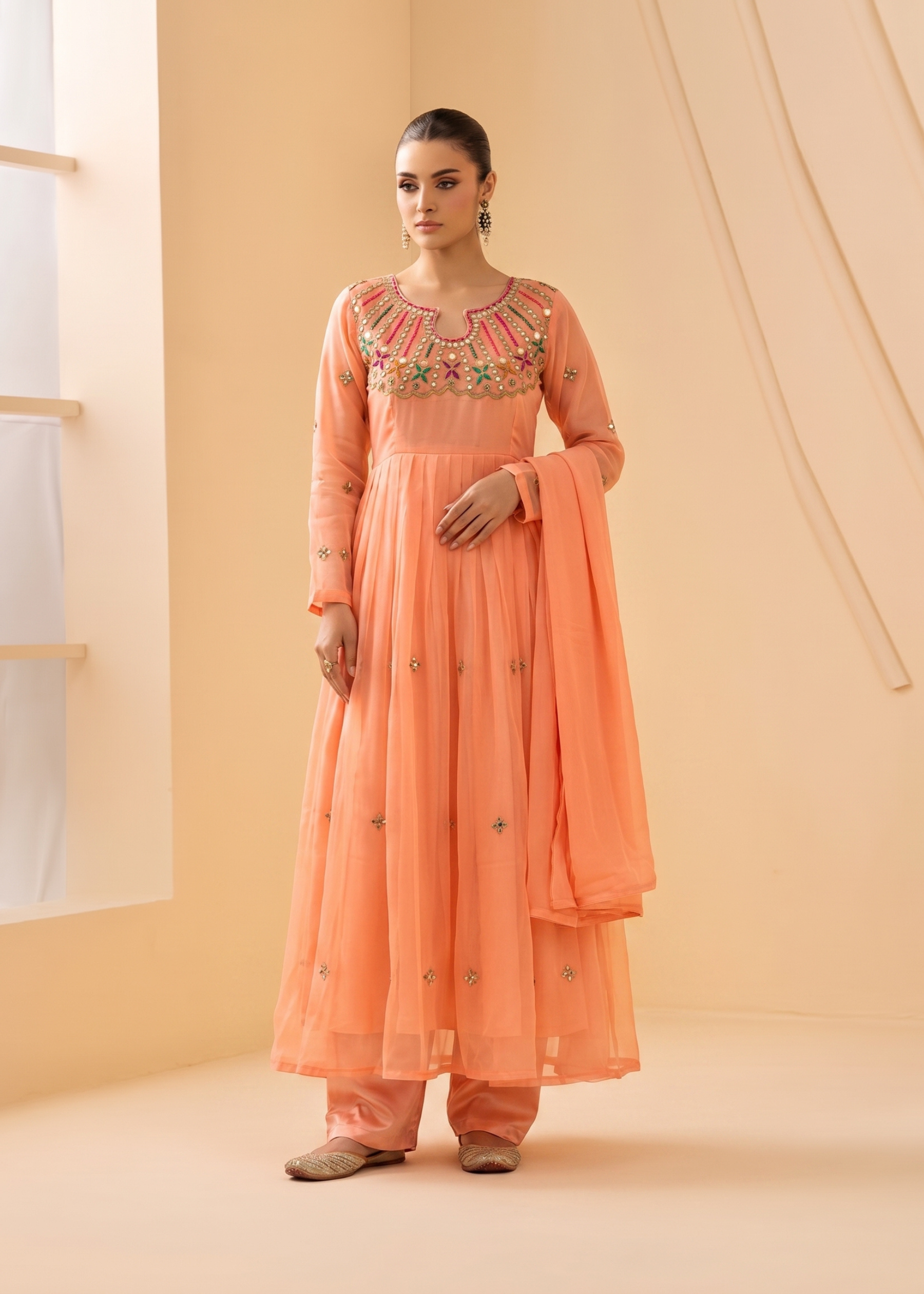 organza Anarkali in Peach orange