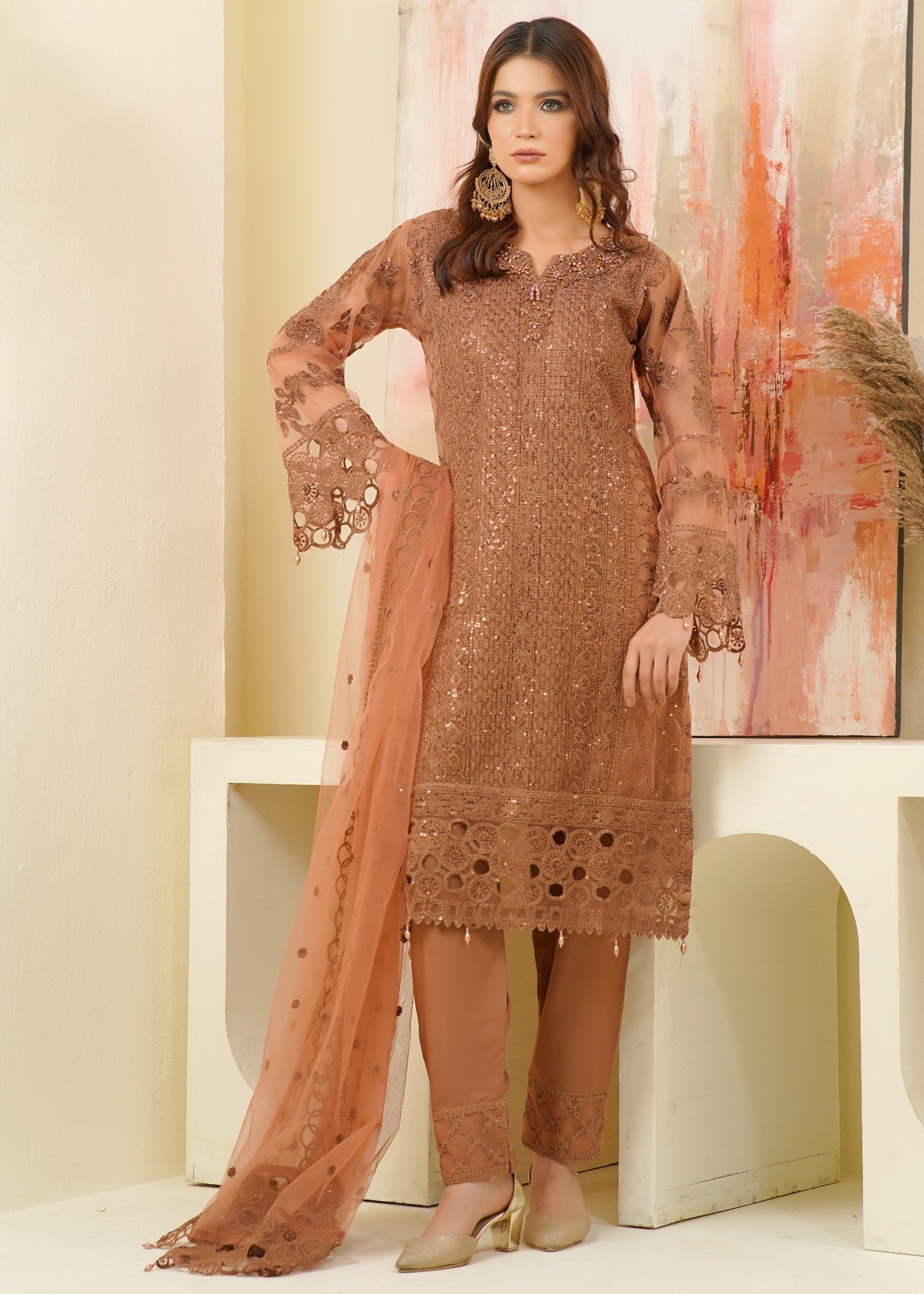 net Kurta Set in Brown