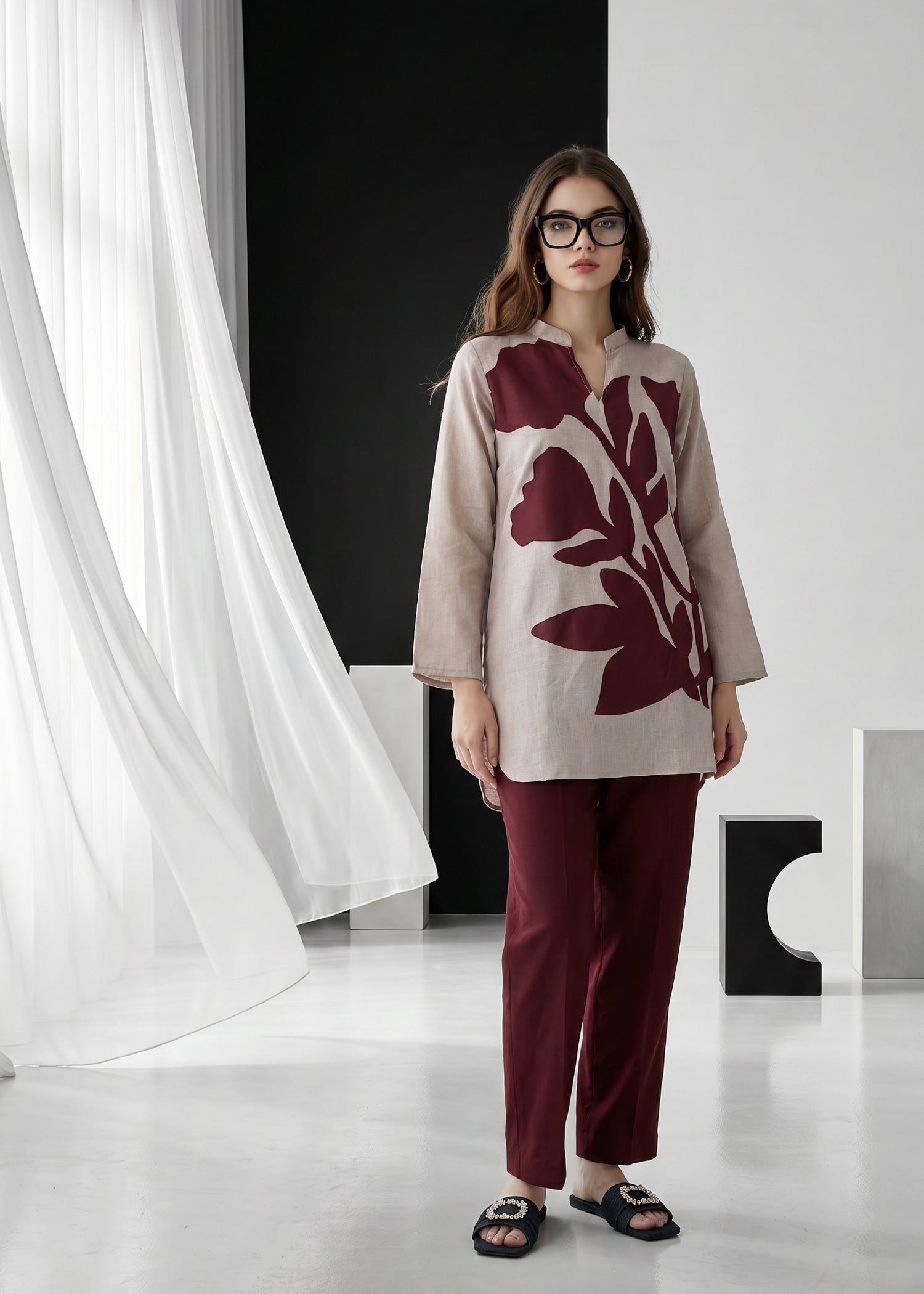 slub lawn Kurta Set in Ash grey