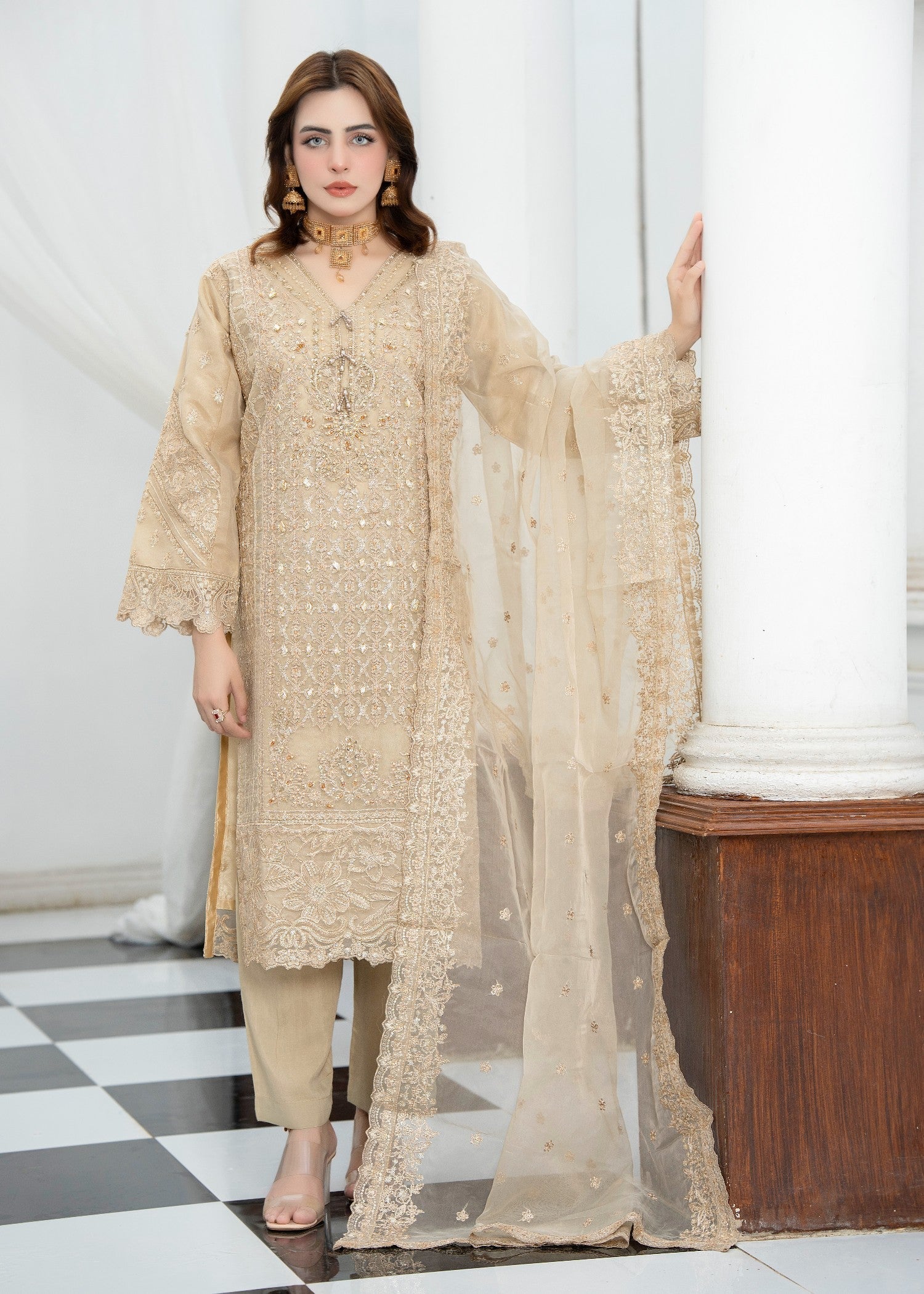 chiffon Kurta Set in Vanilla