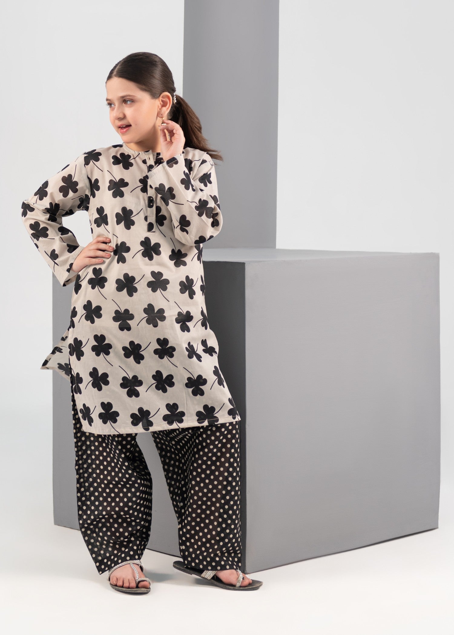 poly lawn Kurta Set in Black, beige