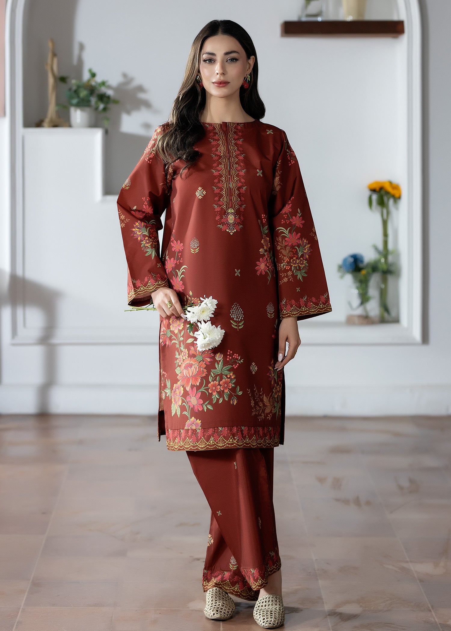 silk finish lawn Co Ord Sets in Dark brown