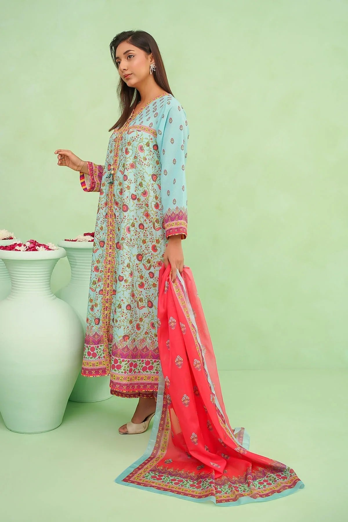 lawn Pishwas in Aquamarine