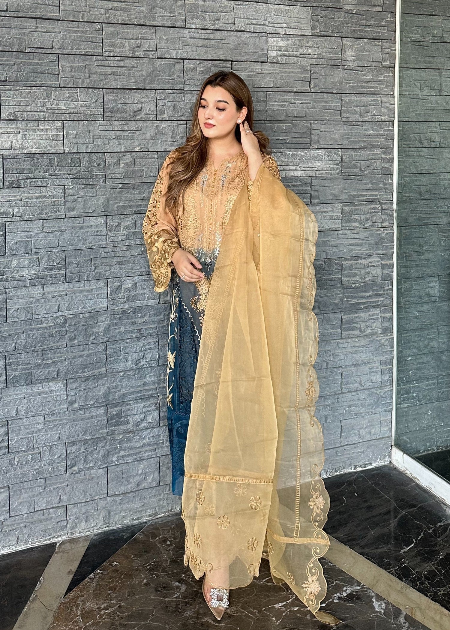 chiffon Kurta Set in Teal, buttercream