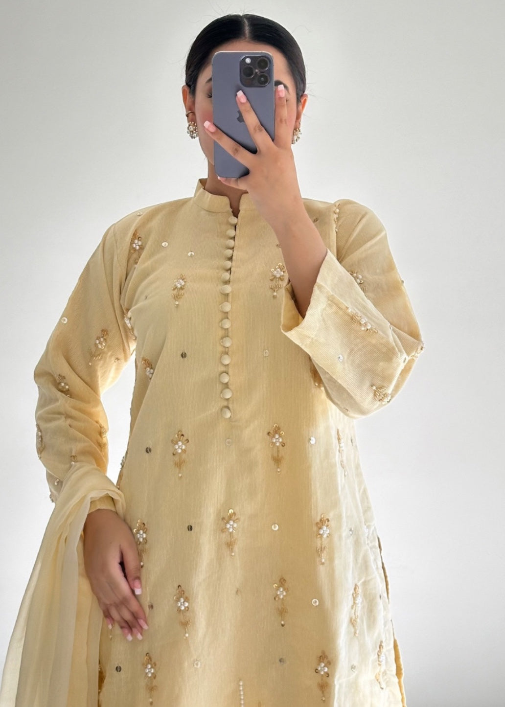 cotton karandi Kurta Set in Beige