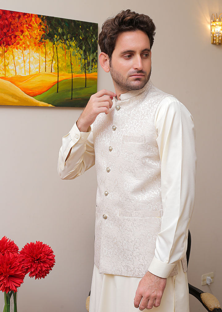 banarsi silk Waistcoat in Pearl white