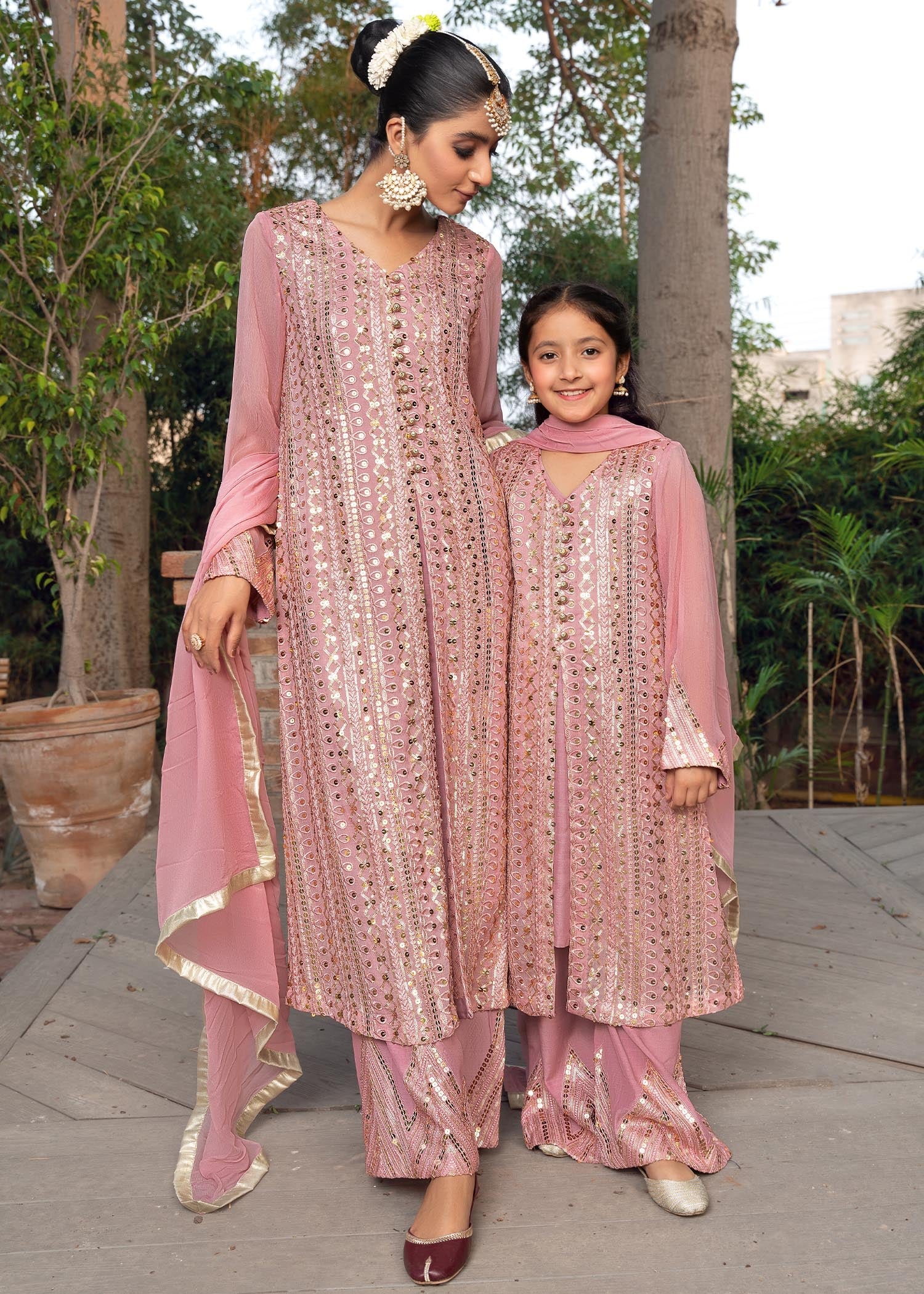 chikankari cotton Gown in Tea rose pink