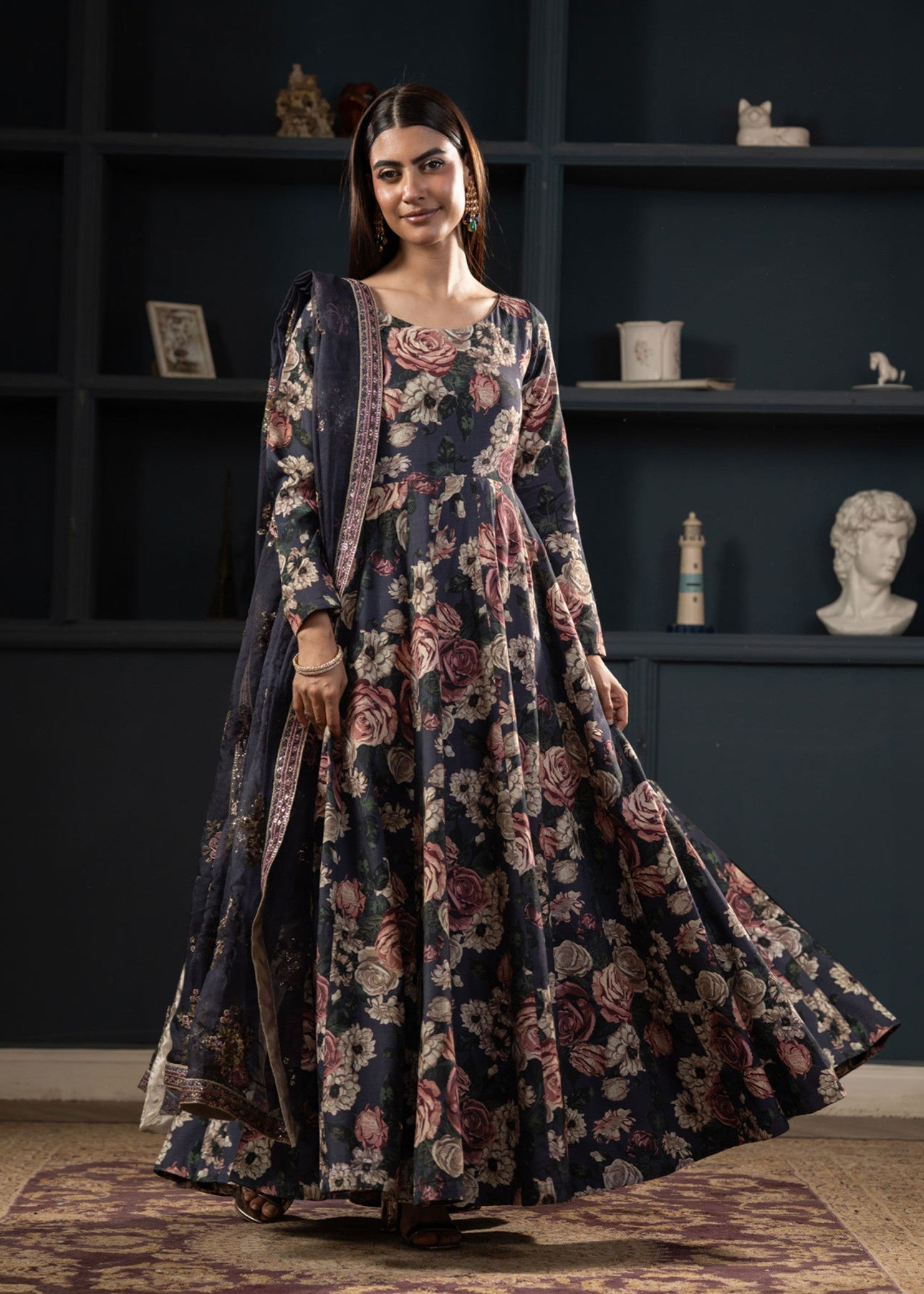 raw silk Pishwas in Midnight