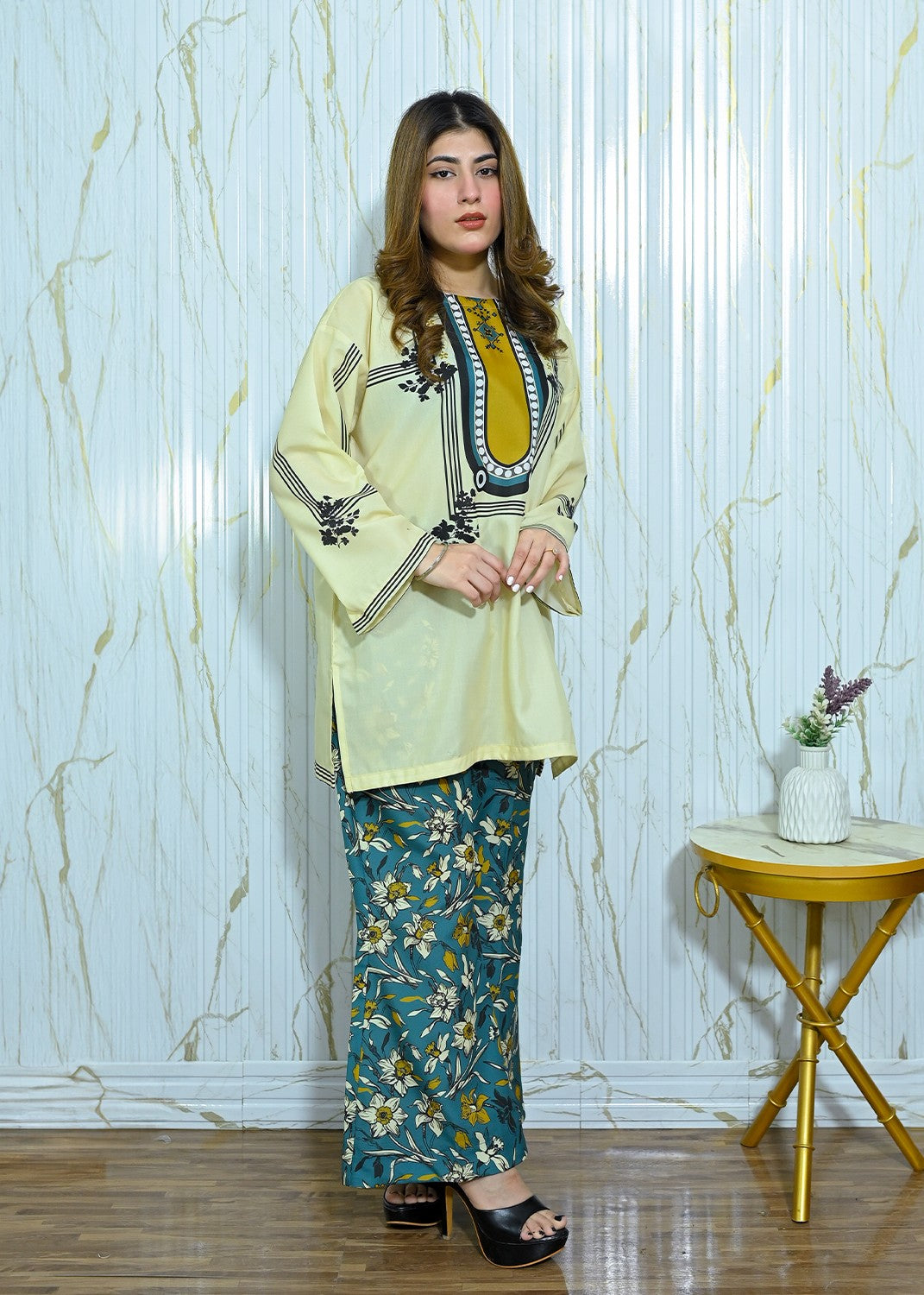 crepe Kurta Set in Yellow
