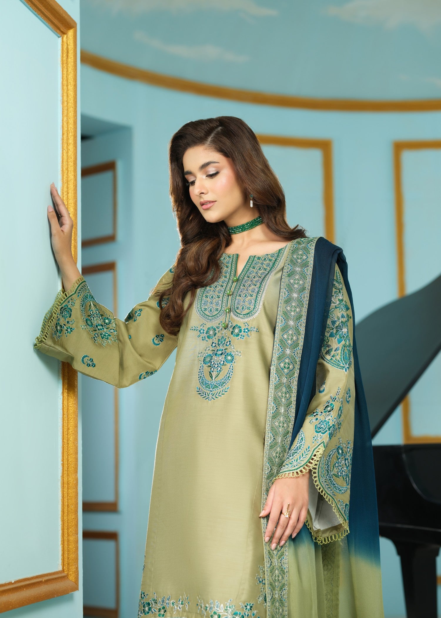 cambric cotton Kurta Set in Sage green
