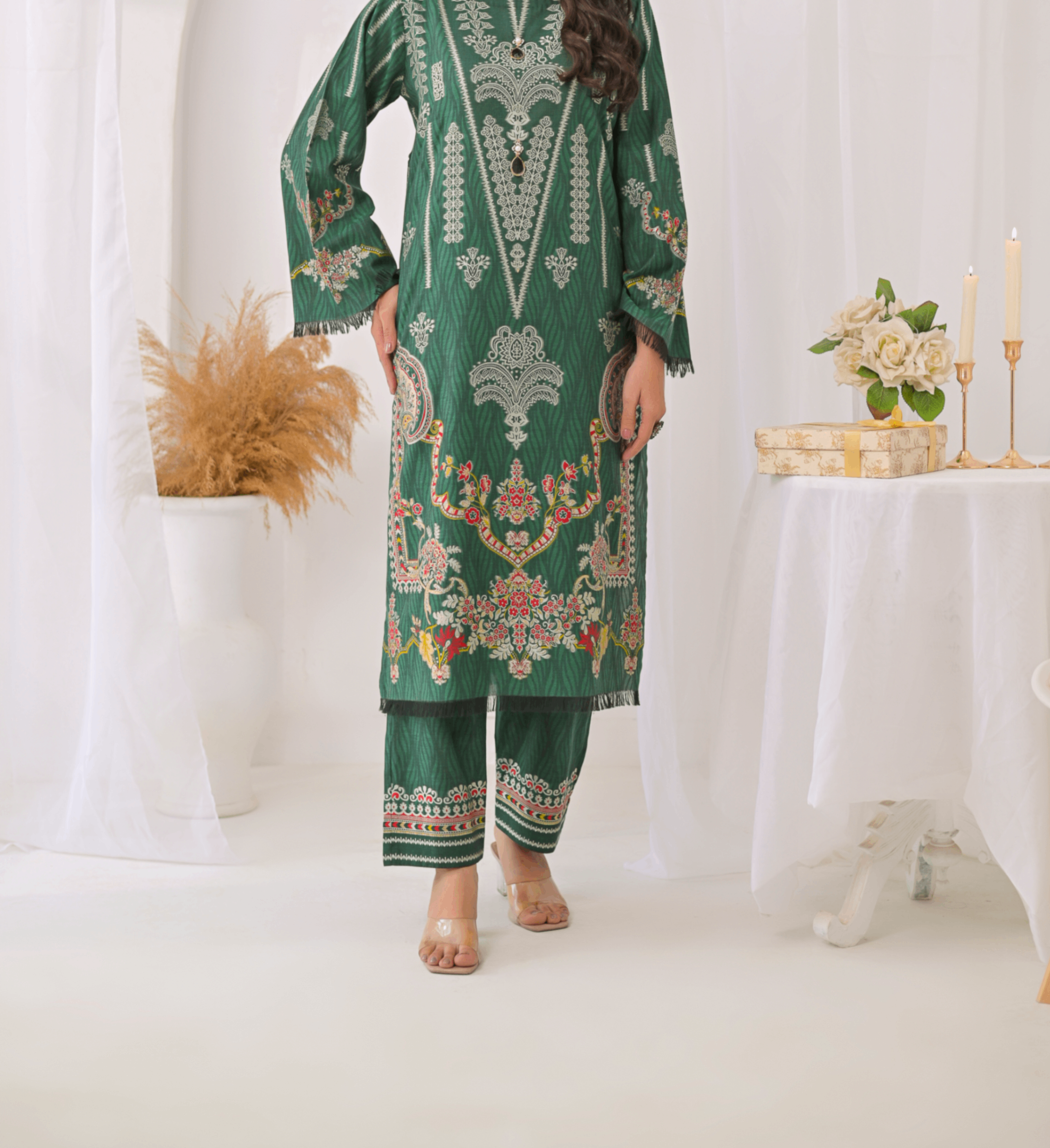 jacquard Kurta Set in Emerald green