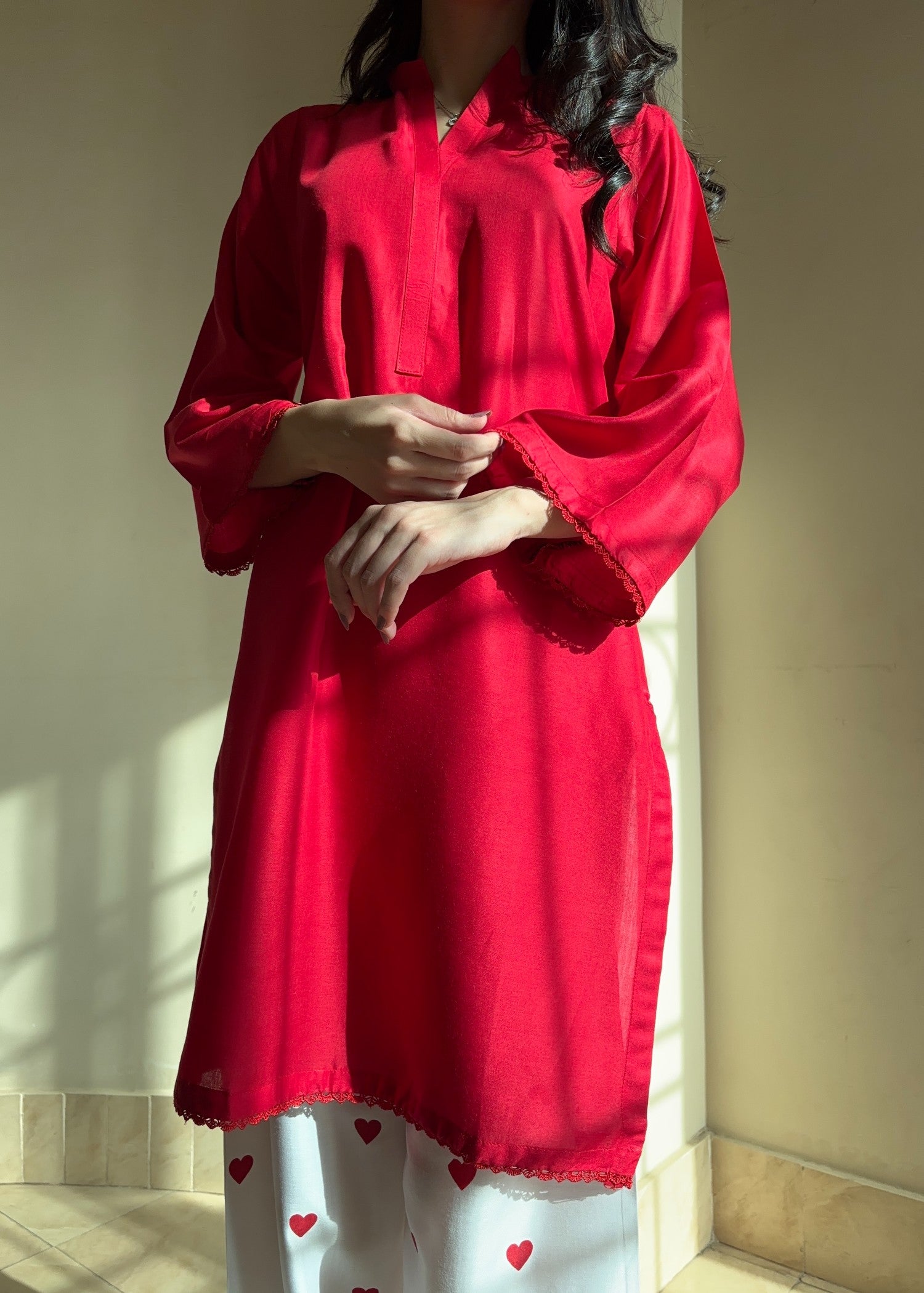 arabic lawn Kurta Set in Red