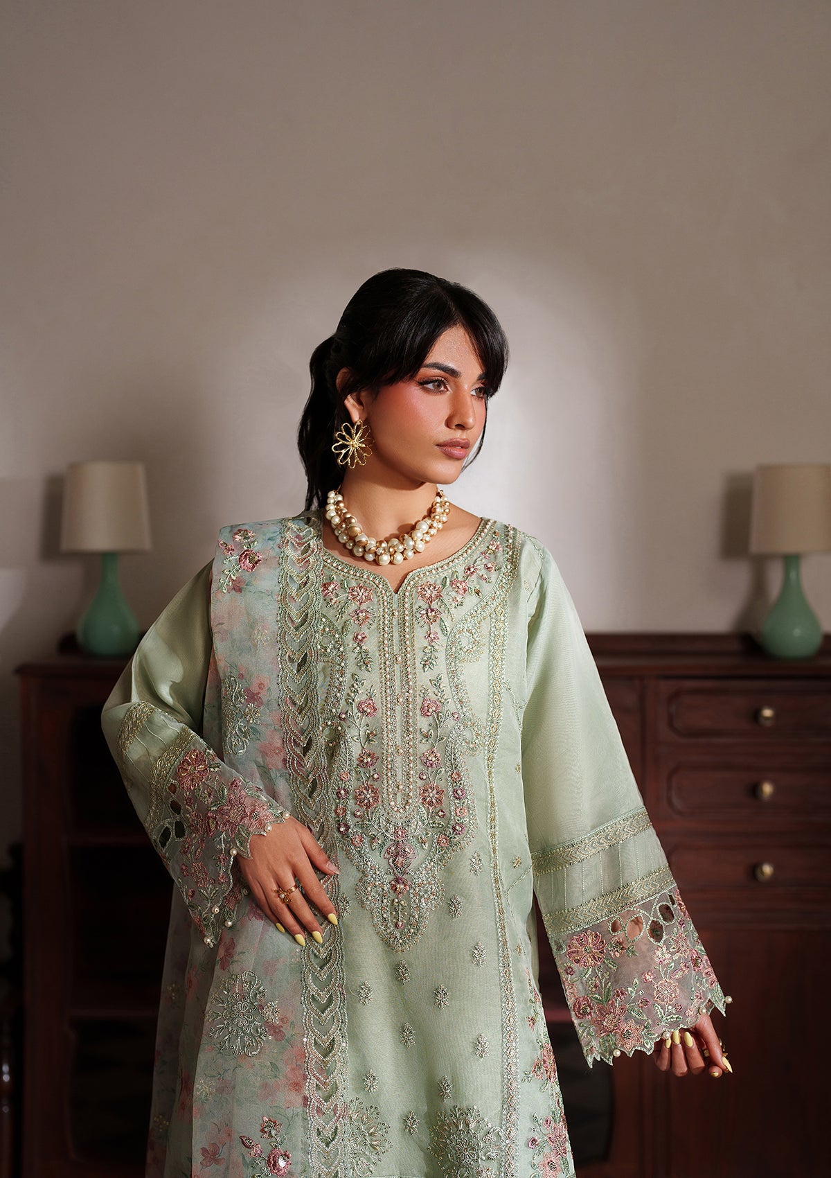 organza Kurta Set in Pistachio green