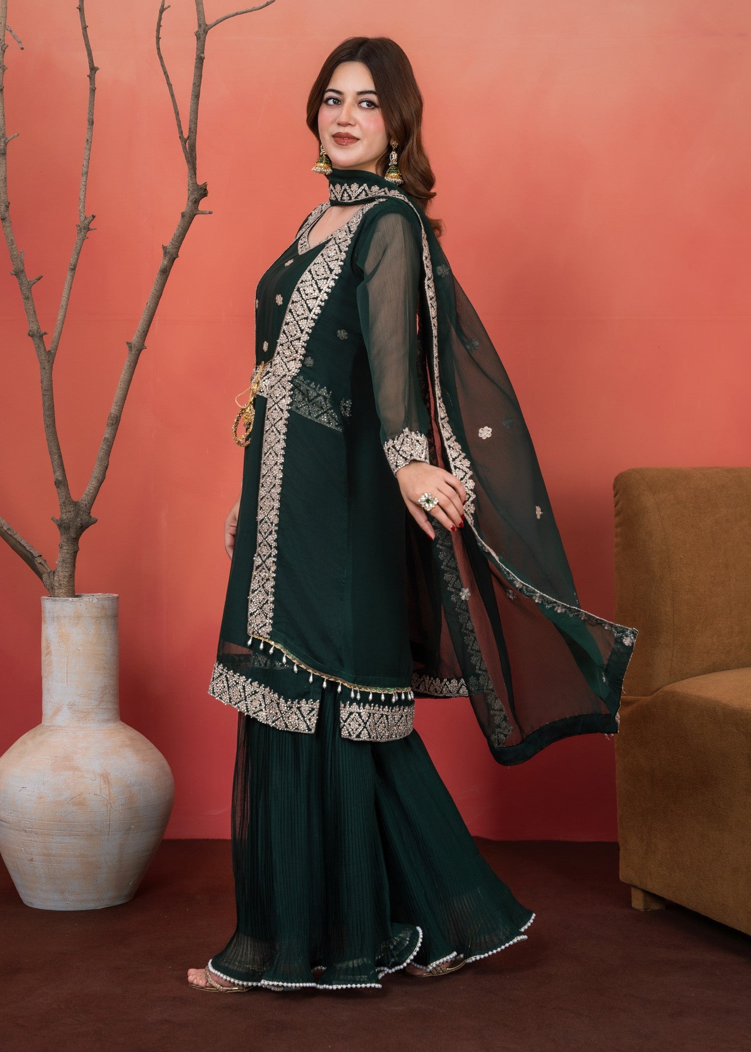 chiffon Gown in Bottle green