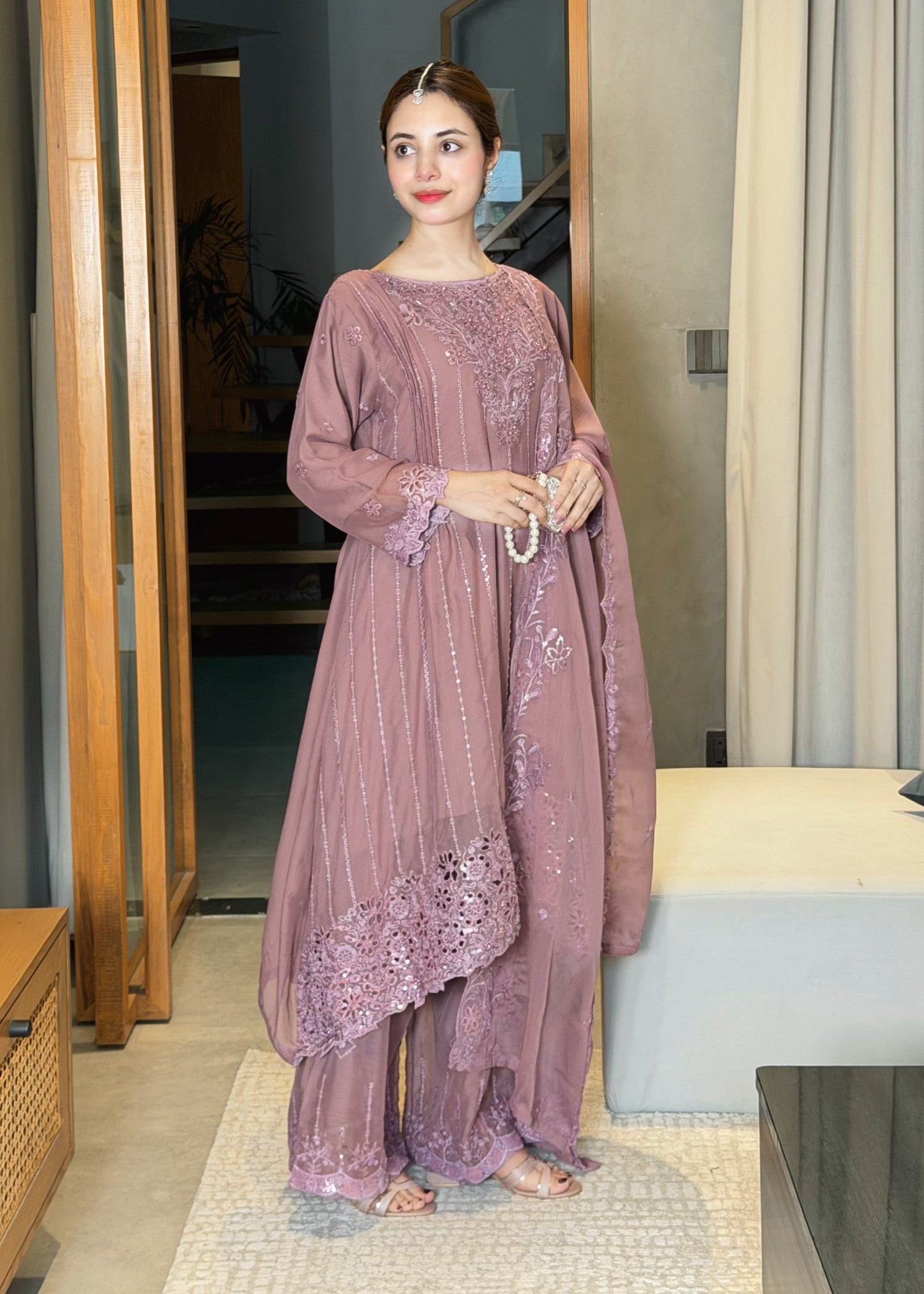 chiffon Short Frock in Lavender pink
