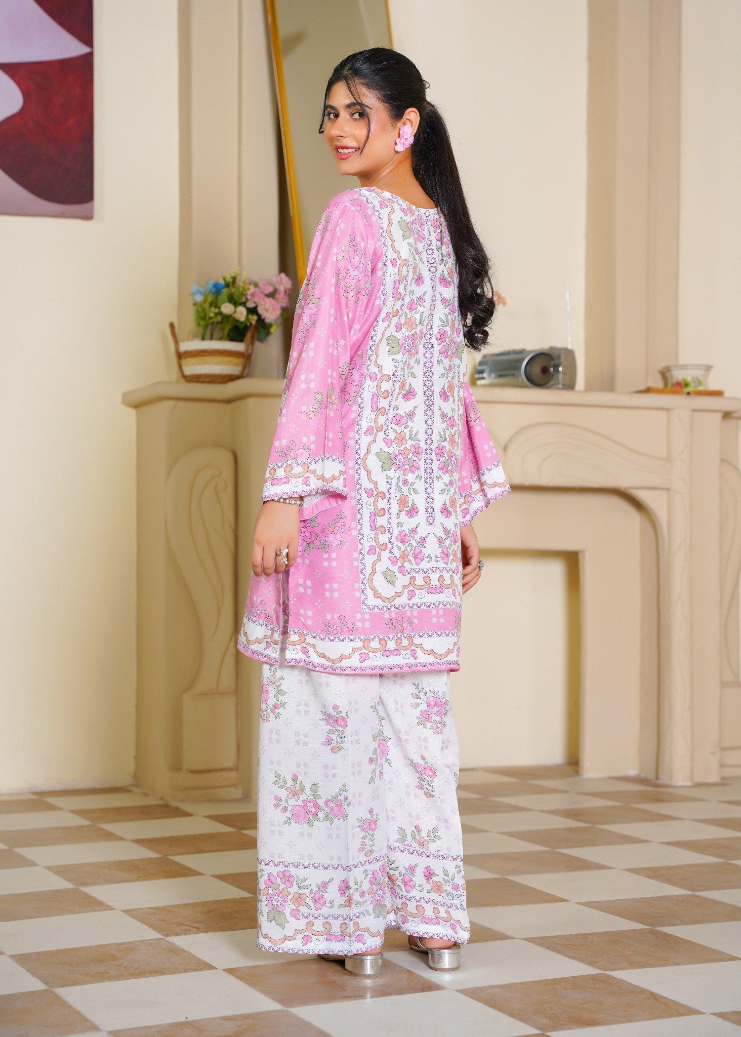 slub cambric Kurta Set in Blush pink