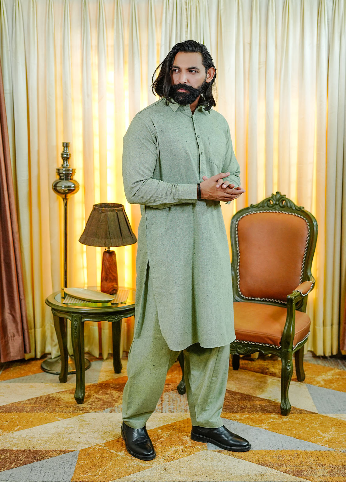 wool viscose Shalwar Kameez in Pistachio green