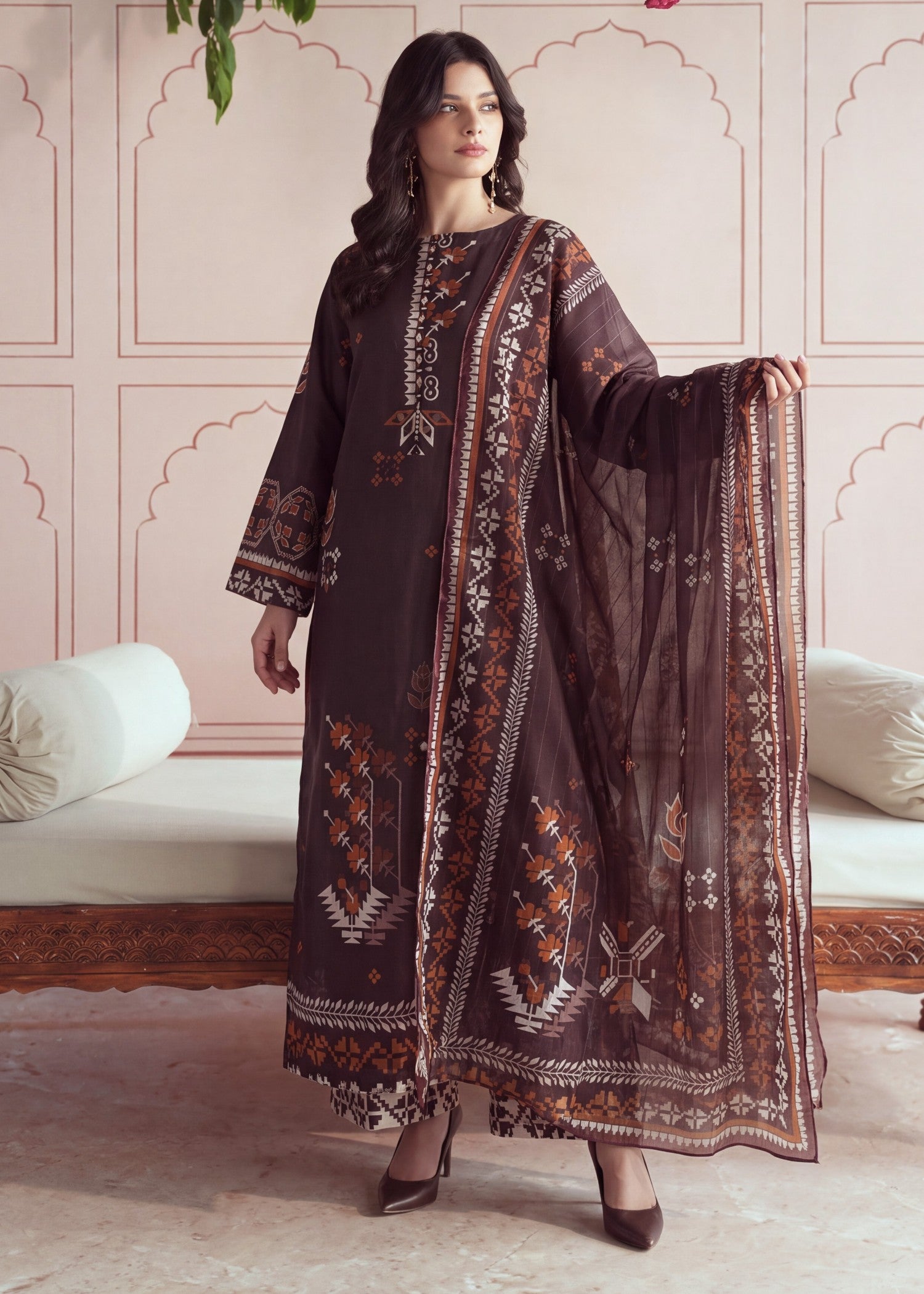 lawn Kurta Set in Coffee brown