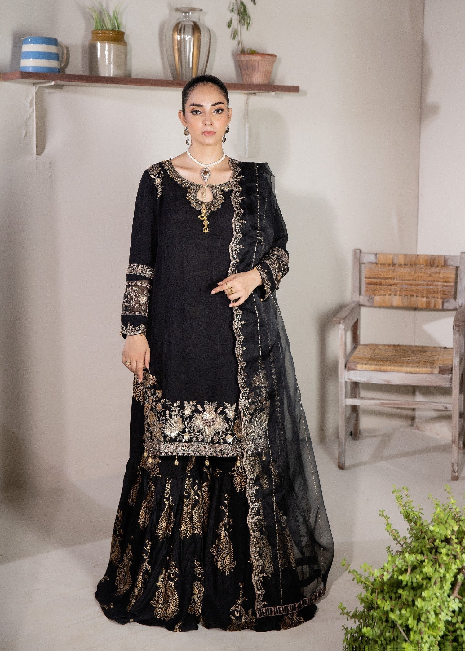 chiffon Gharara in Jet black