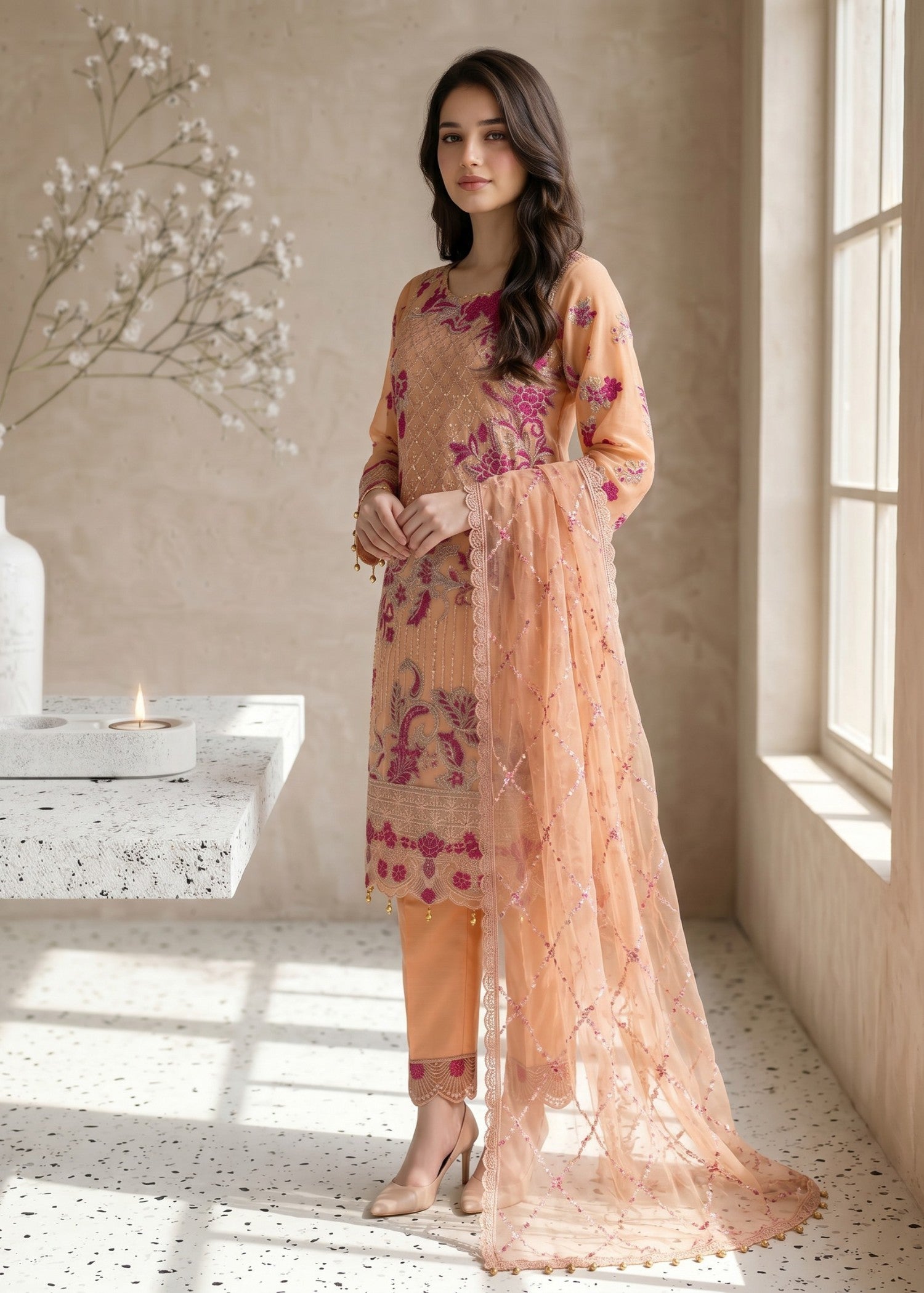 pk crinkle chiffon Kurta Set in Peach pink