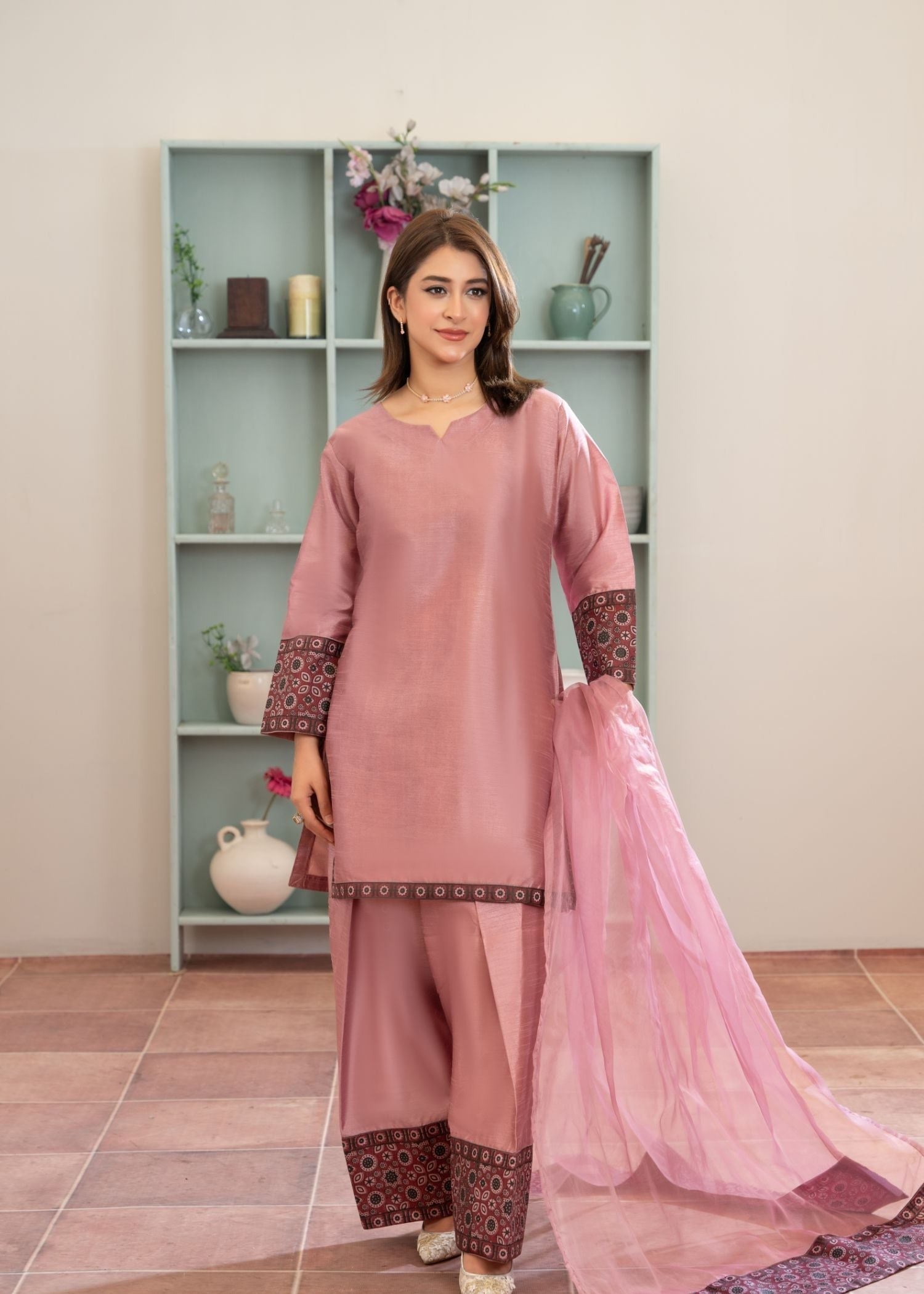 indian raw silk Kurta Set in Peach pink