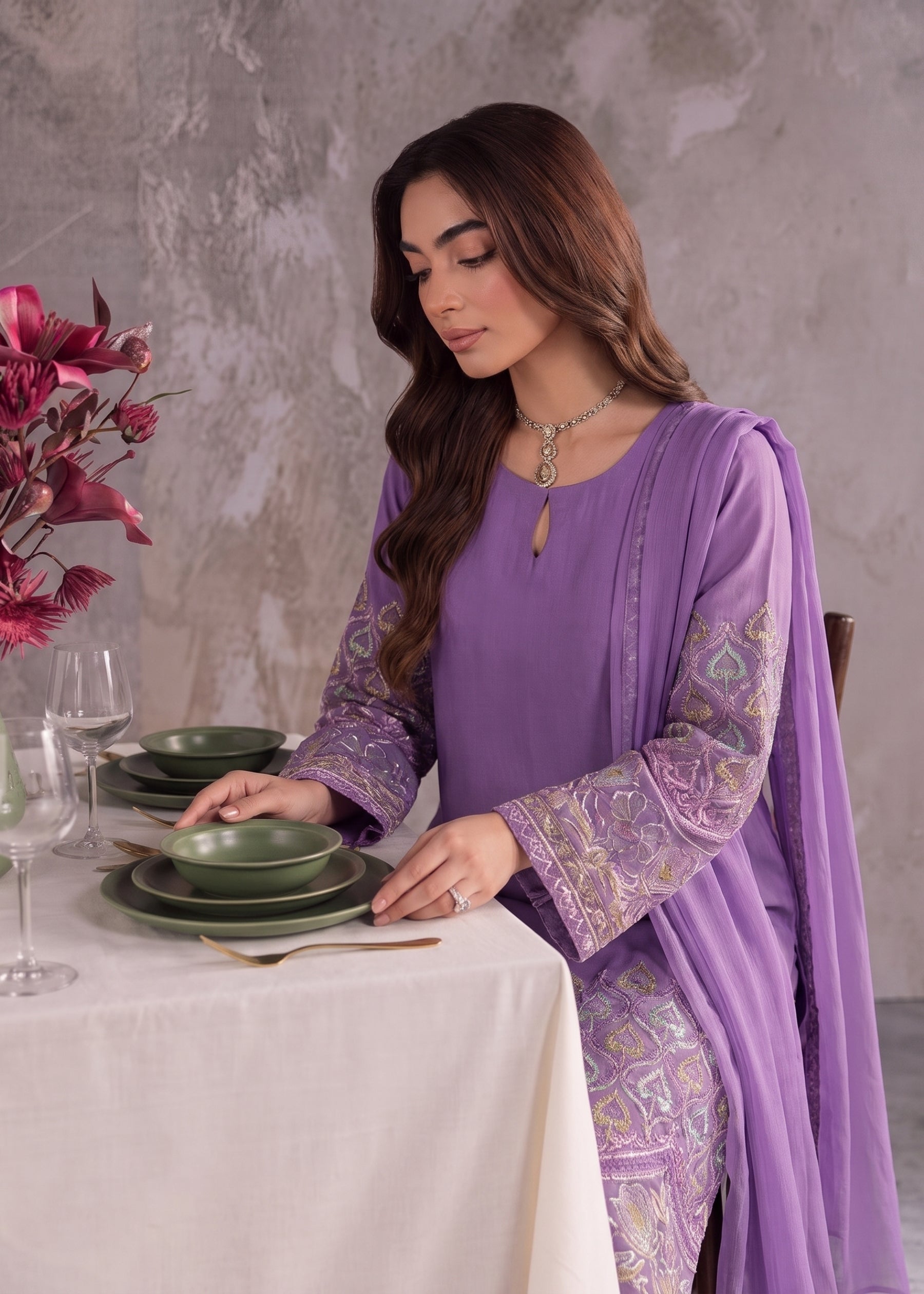 linen Kurta Set in Bright lavender